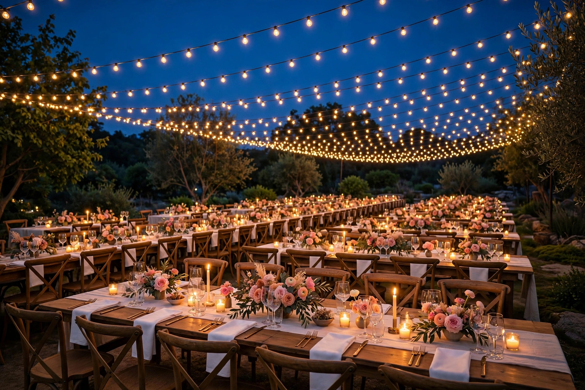 Outdoor wedding reception tables under a canopy of string lights at night with pink floral centerpieces and candles