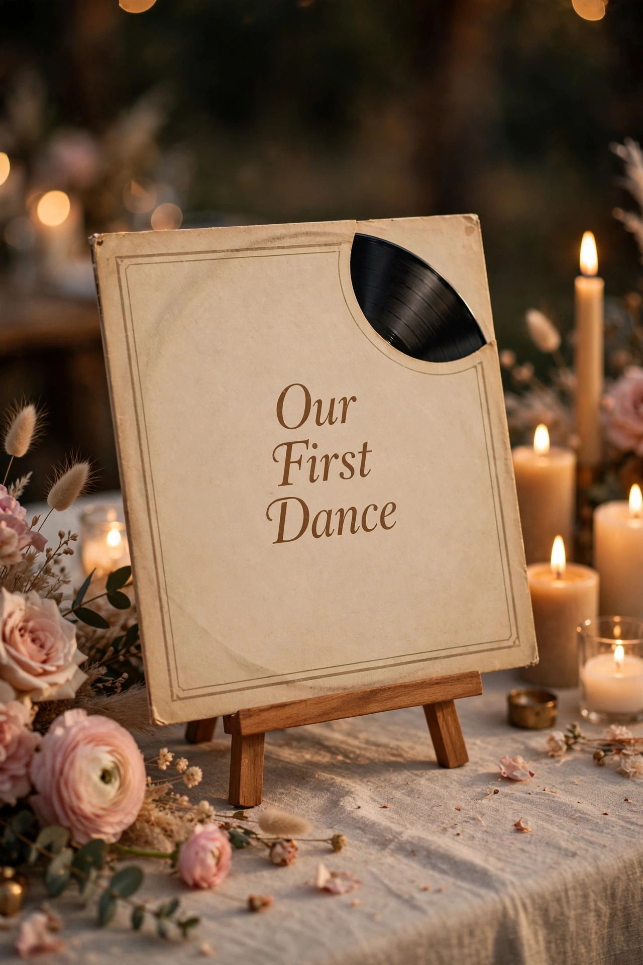 Wedding table name cards featuring favorite song titles with a small vinyl record decor piece
