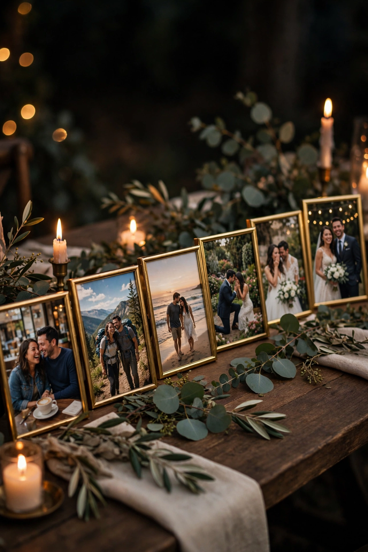 Milestone photo table names showing the couple's story chapters in gold frames on a reception table