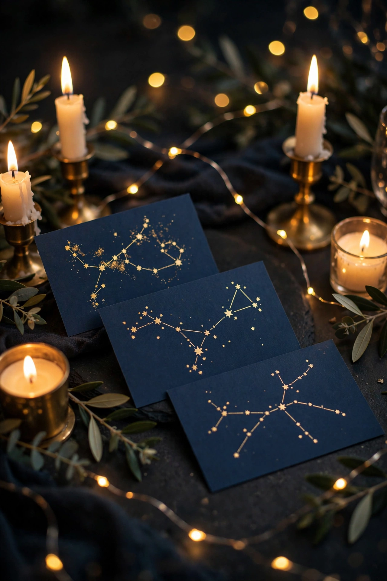 Constellation-themed wedding table names with navy cards and gold stars under candlelight
