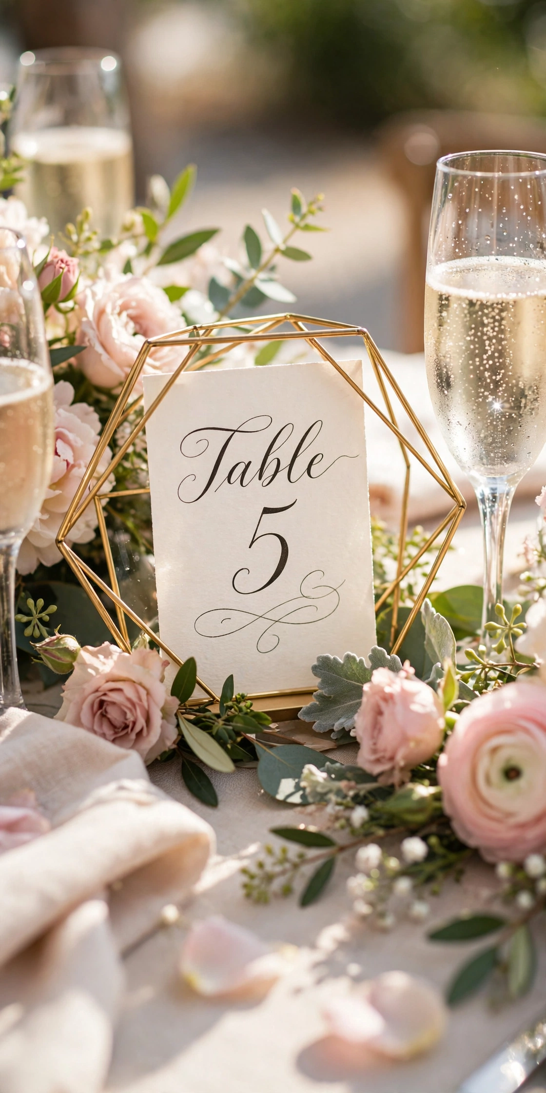 Sunlit wedding reception table with gold geometric table number holder and blush florals