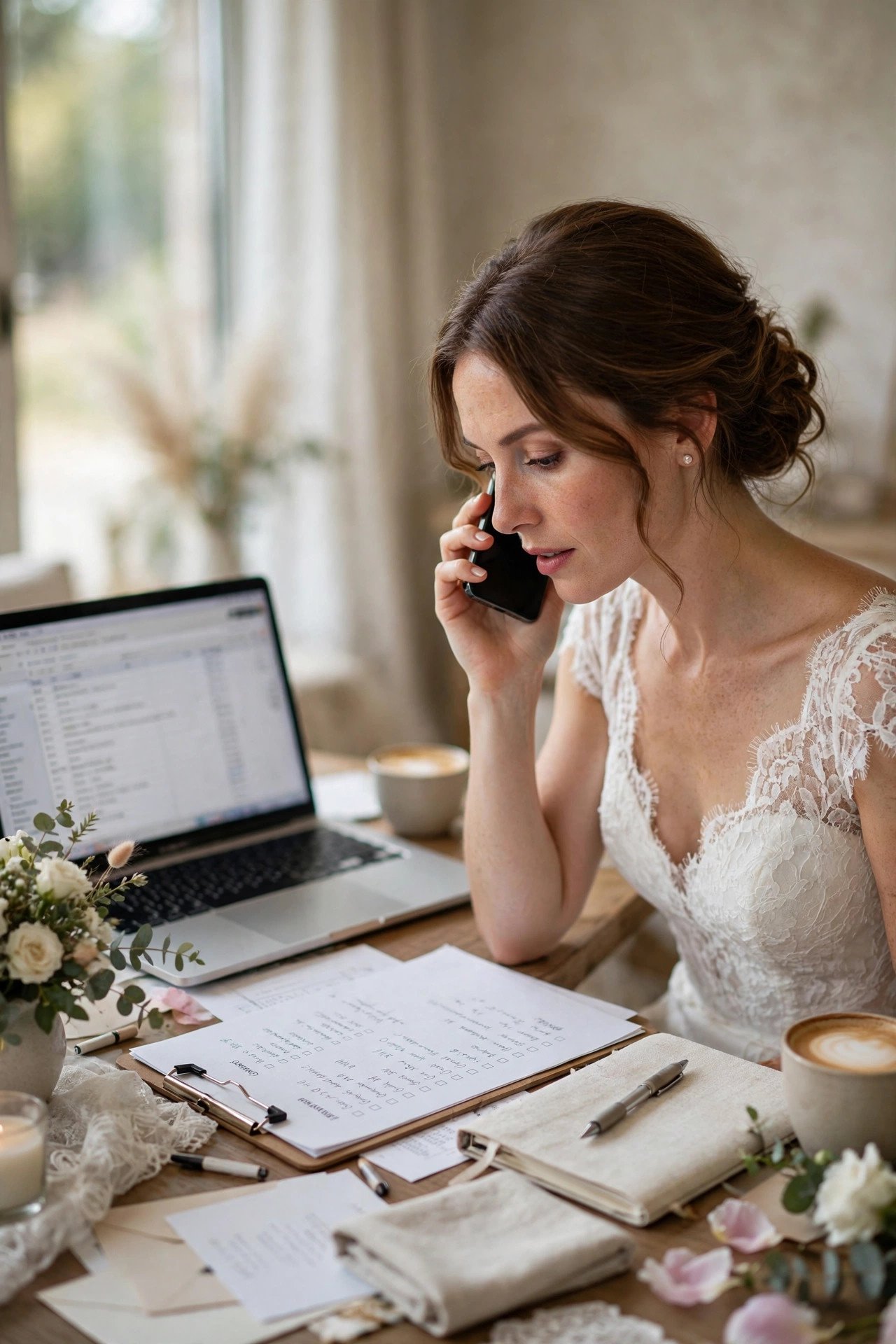 Bride on the phone confirming the final wedding guest headcount