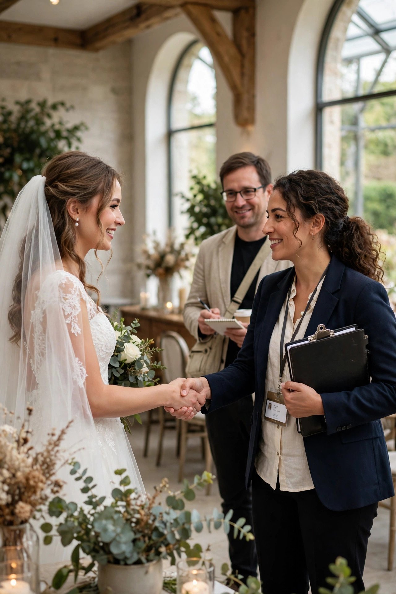 Bride shaking hands with wedding vendors during a venue walkthrough