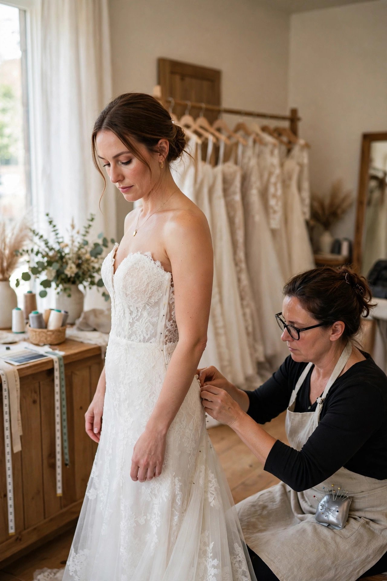 Bride at her final wedding dress fitting in a bridal boutique