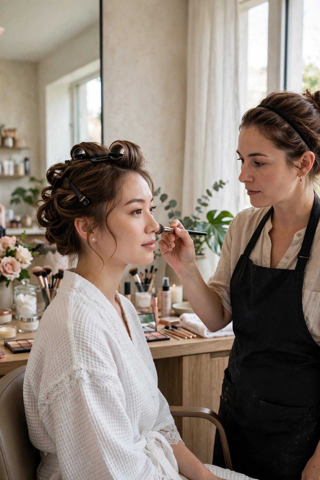 Bride during her hair and makeup trial in a bright salon