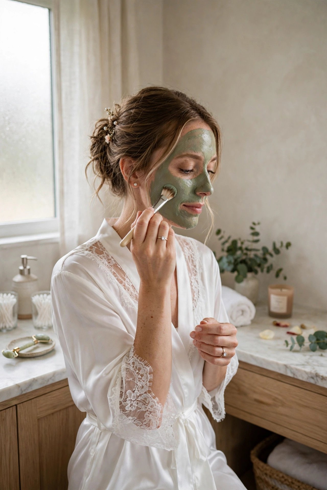 Bride doing a gentle skincare routine at home