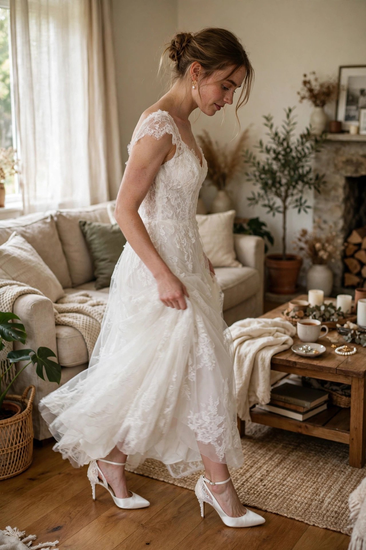 Bride breaking in her wedding heels at home
