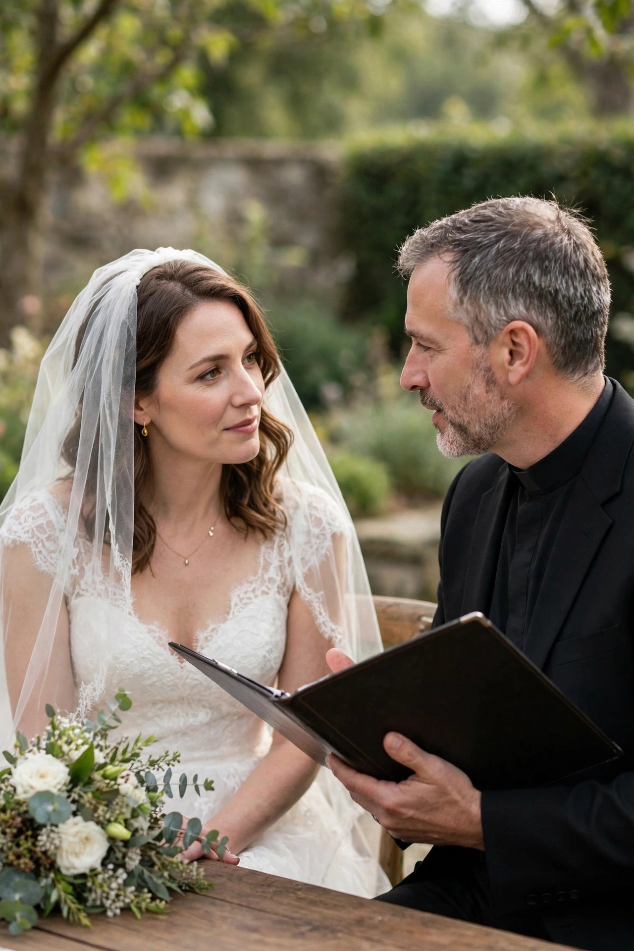 Bride meeting with her wedding officiant to discuss the ceremony
