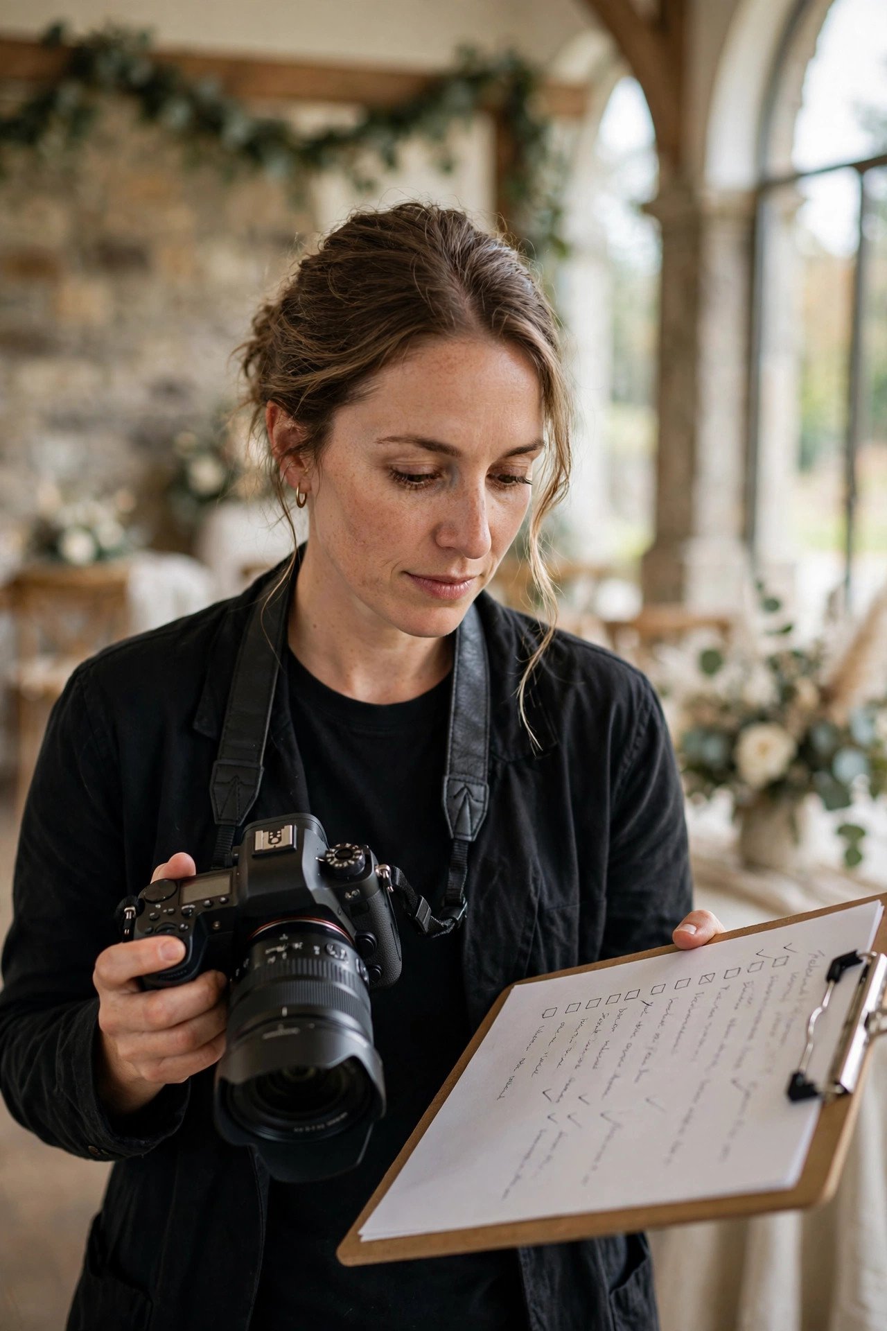 Wedding photographer reviewing a must-have shot list