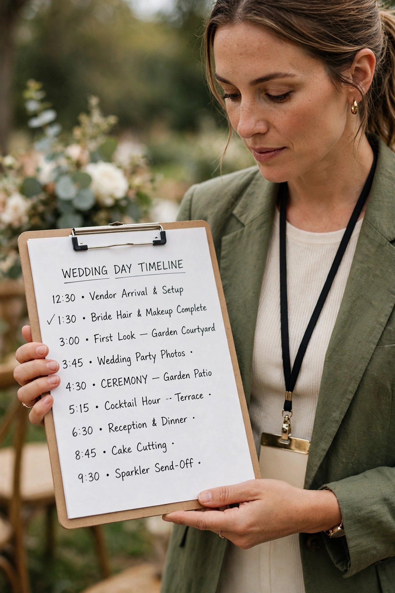 Detailed wedding day timeline on a coordinatorβs clipboard