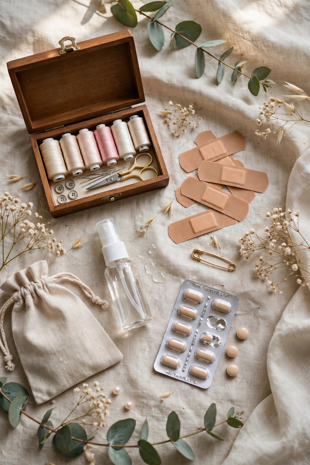 Flat lay of a wedding day emergency kit with essentials