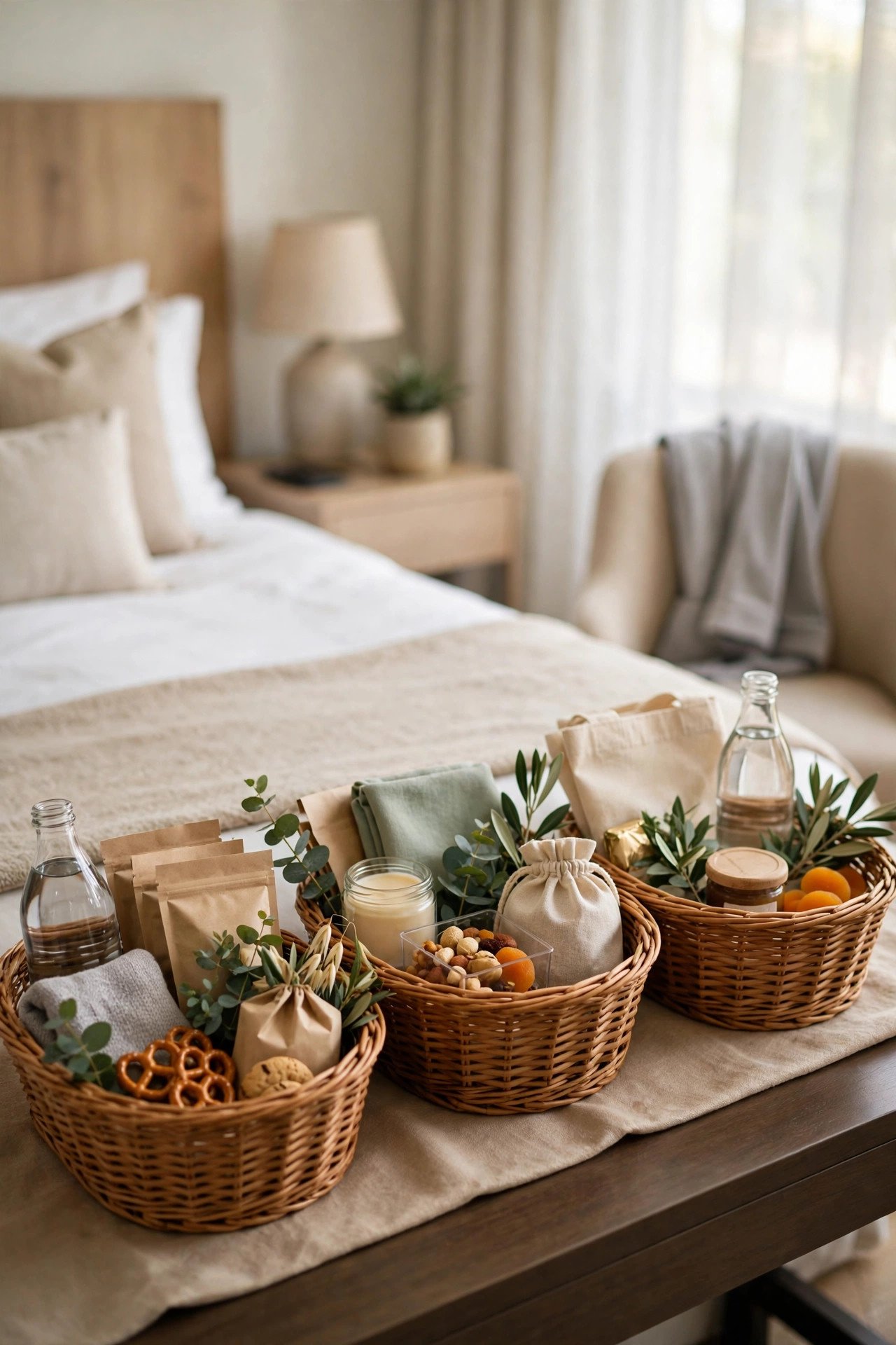 Welcome baskets for out-of-town wedding guests in a hotel room