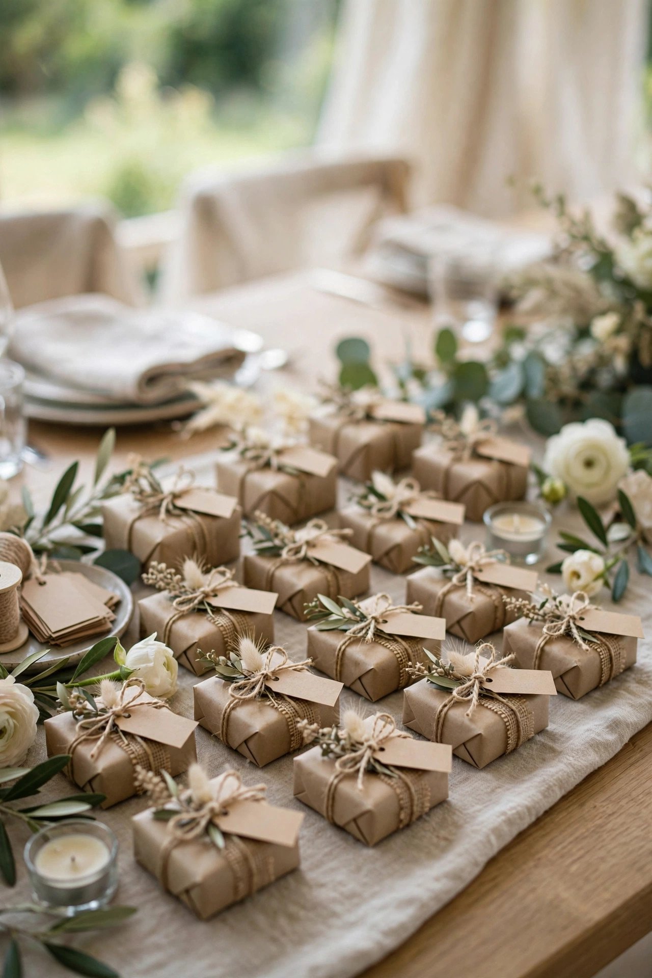 Table of small wrapped wedding favors with tags