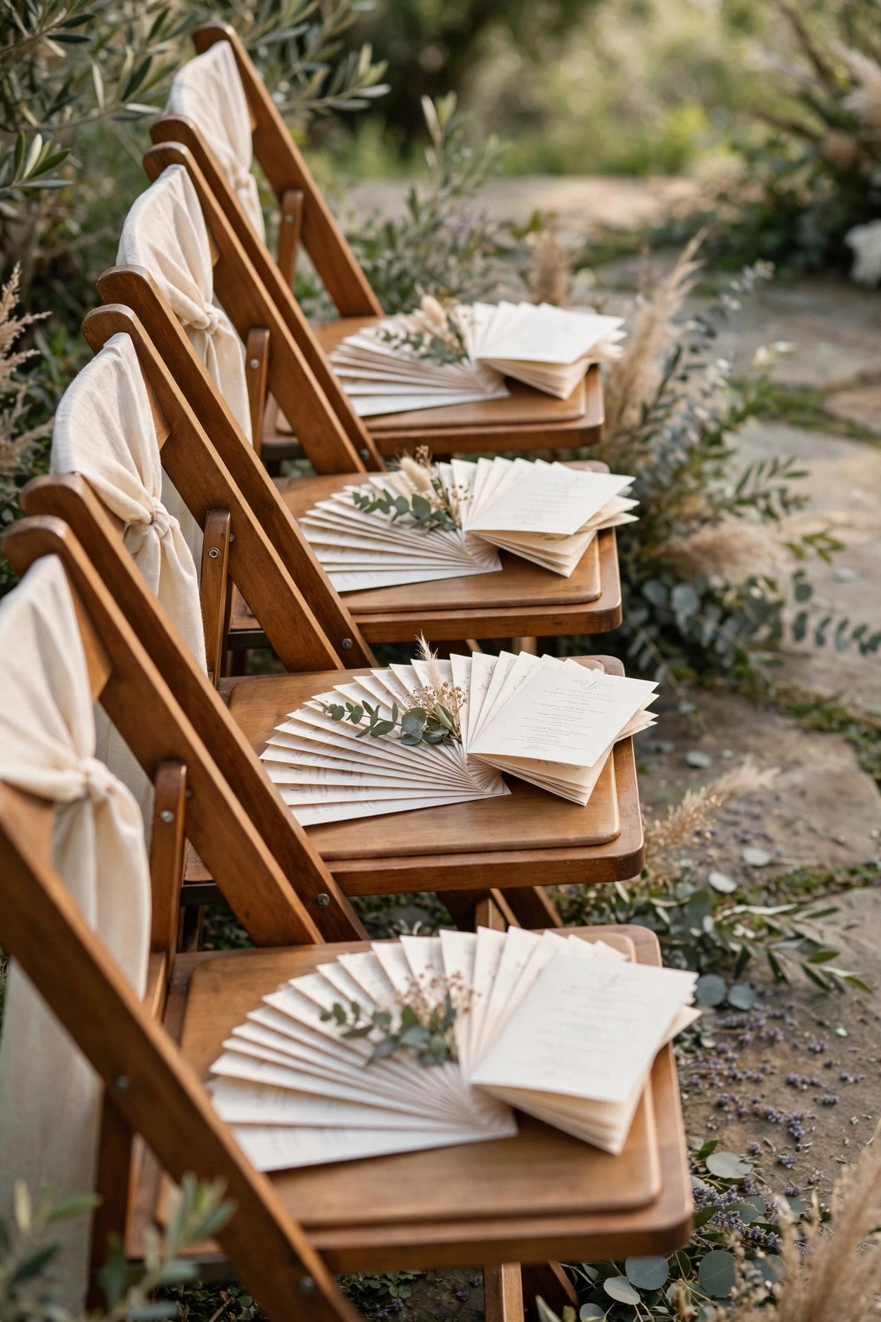 Wedding ceremony programs fanned out on chairs