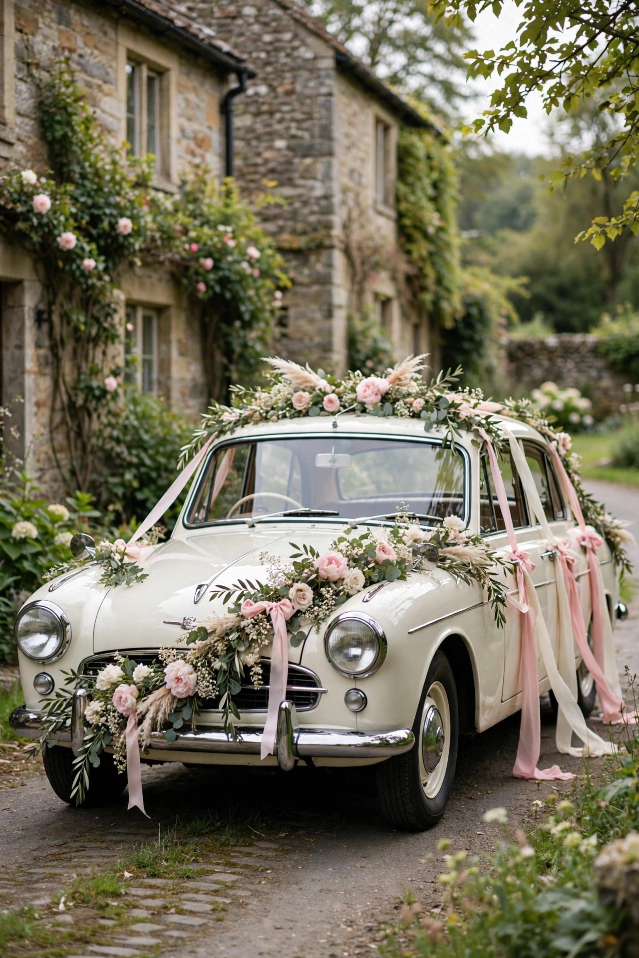 Vintage wedding getaway car decorated with ribbons