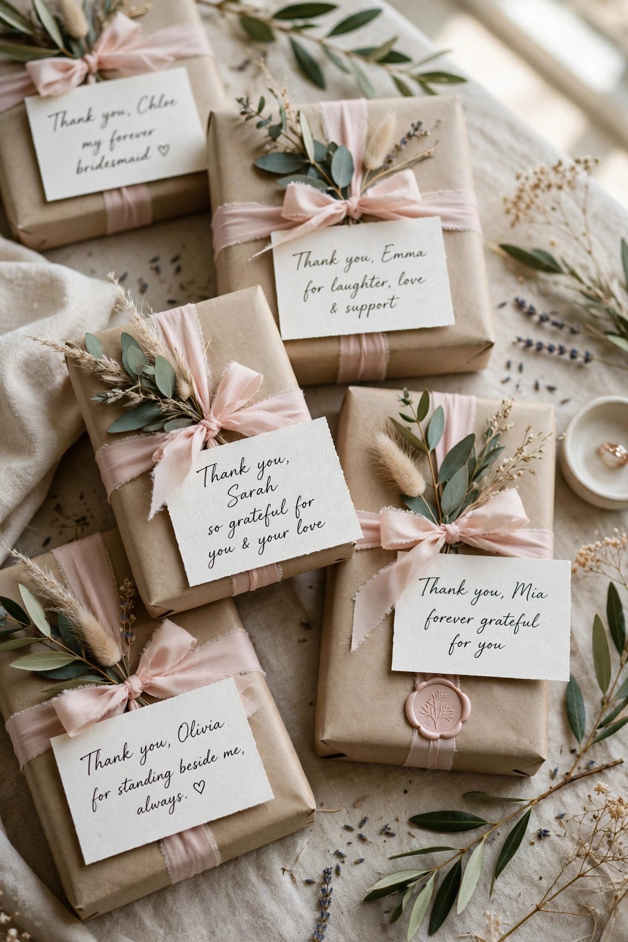 Wrapped bridesmaid gifts with handwritten thank you cards