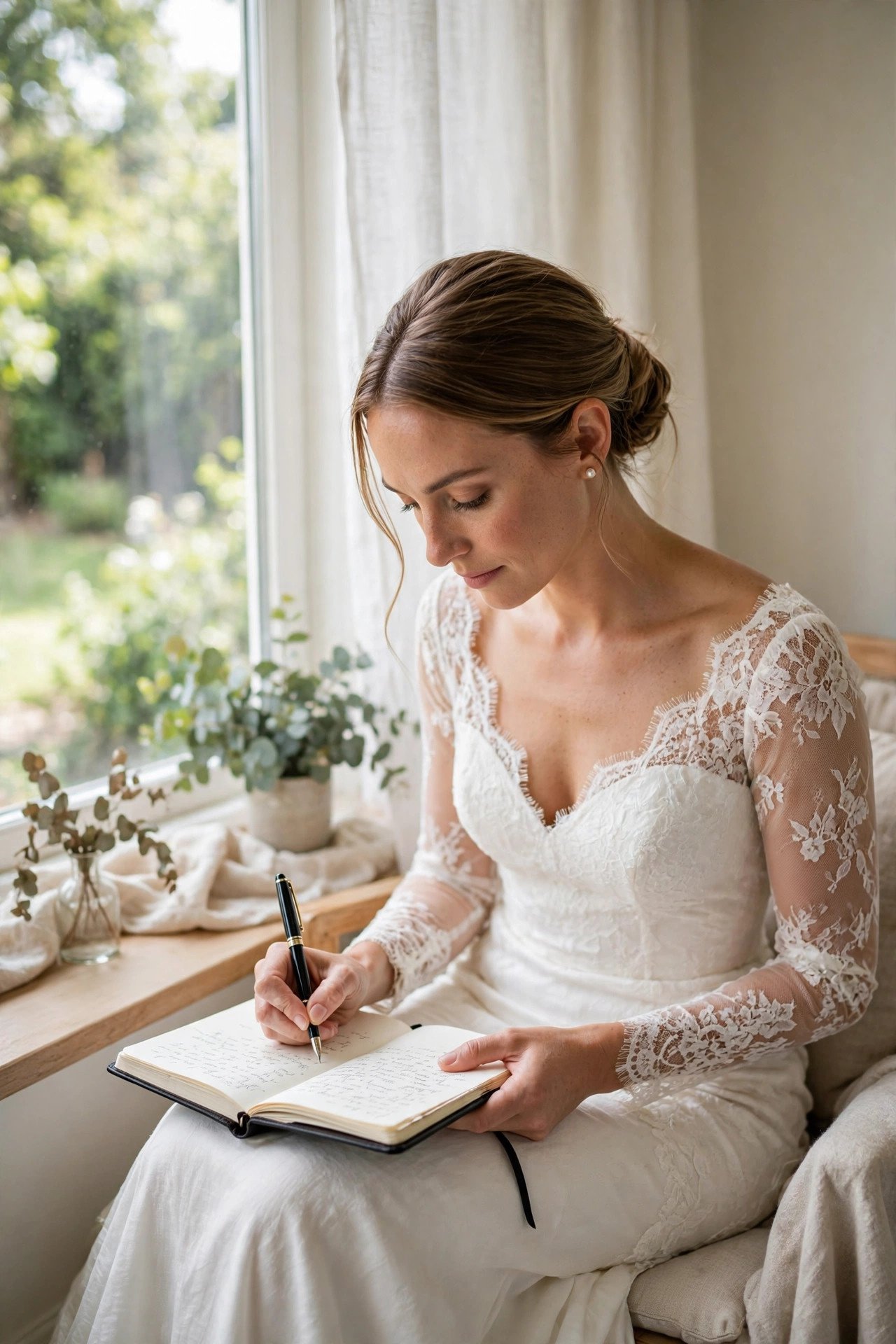 Bride writing her wedding vows in a journal
