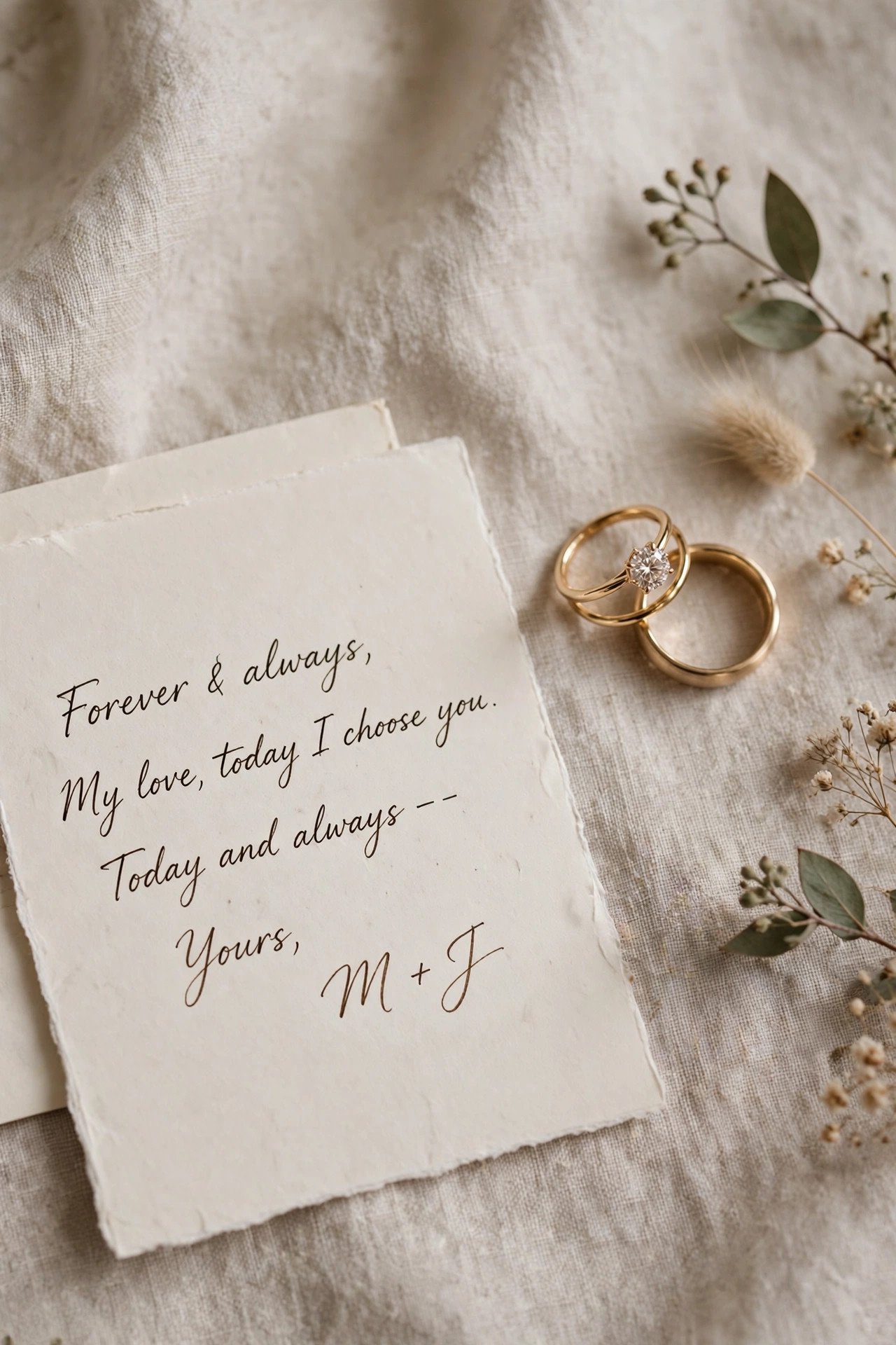 Handwritten love note beside wedding rings