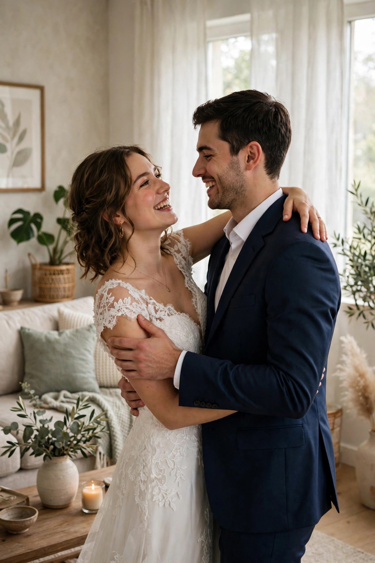 Happy couple practicing their first dance at home