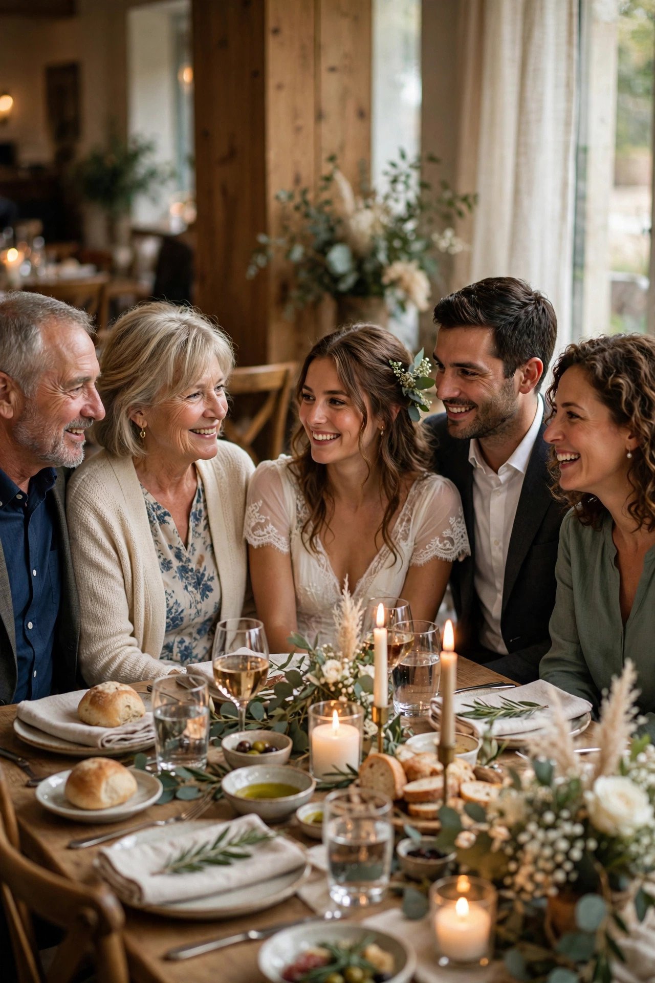 Warm rehearsal dinner table with family by candlelight