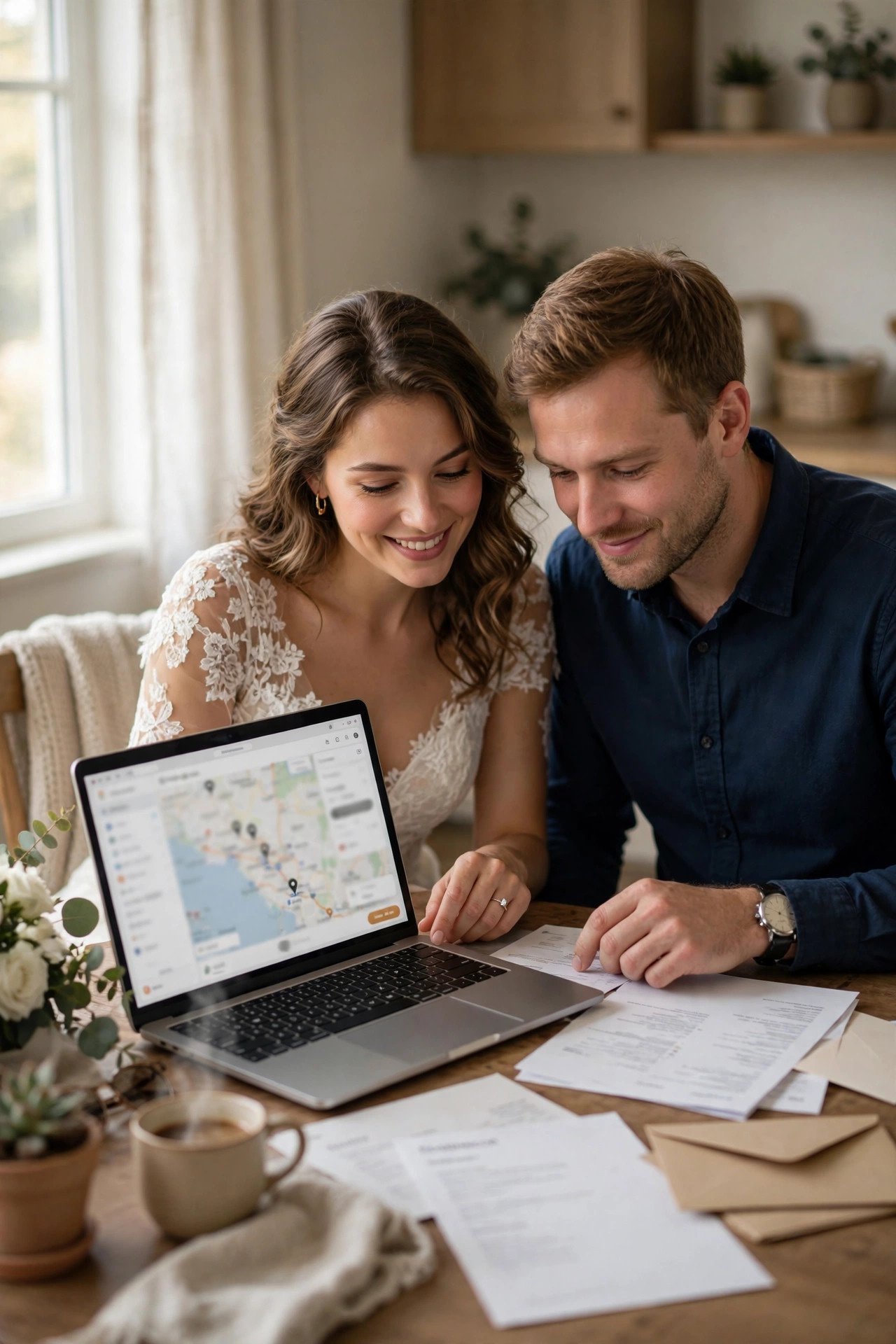 Couple reviewing honeymoon travel documents with a laptop