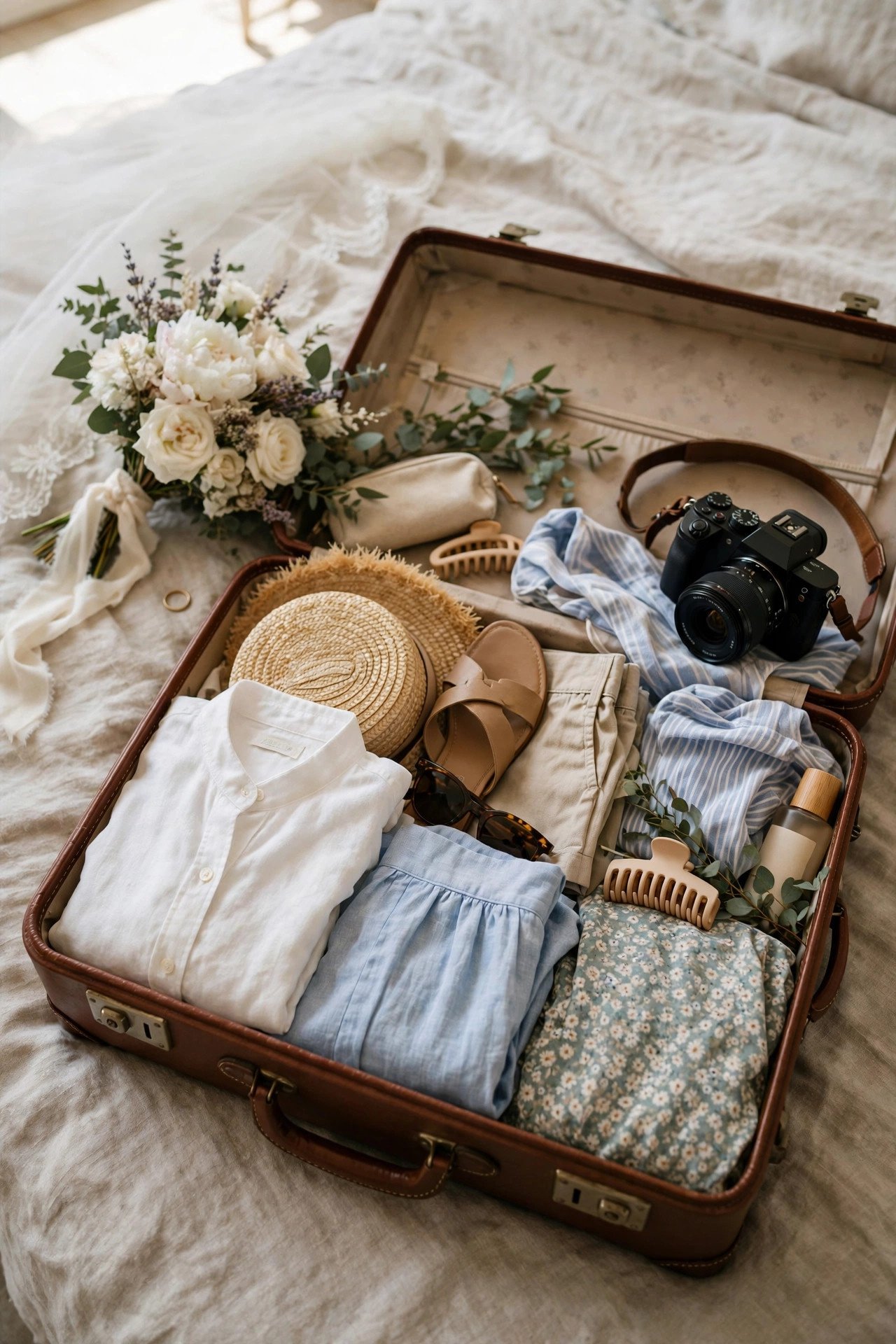 Open suitcase packed for a honeymoon getaway