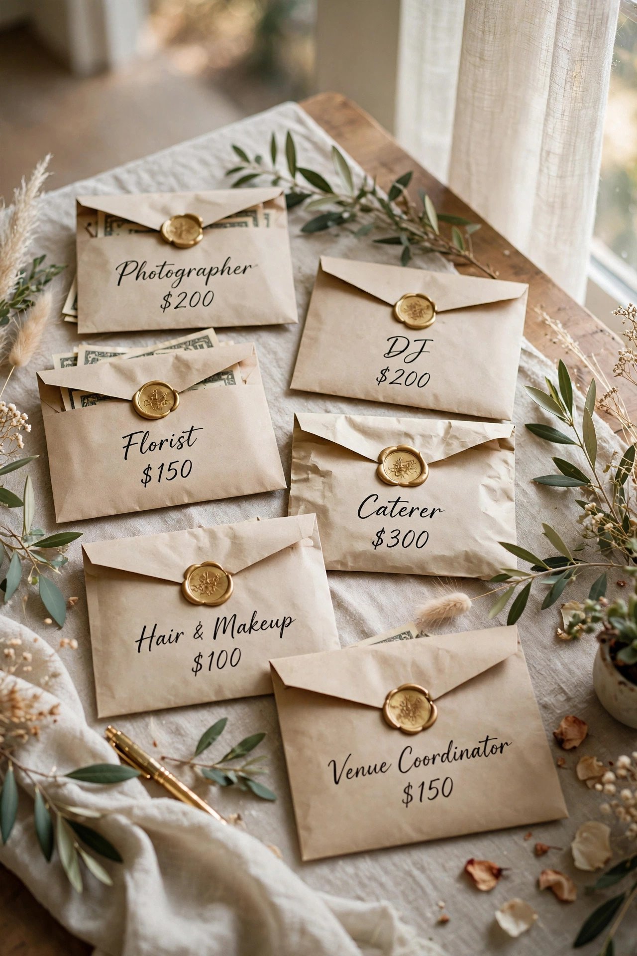 Labeled envelopes with cash tips for wedding vendors