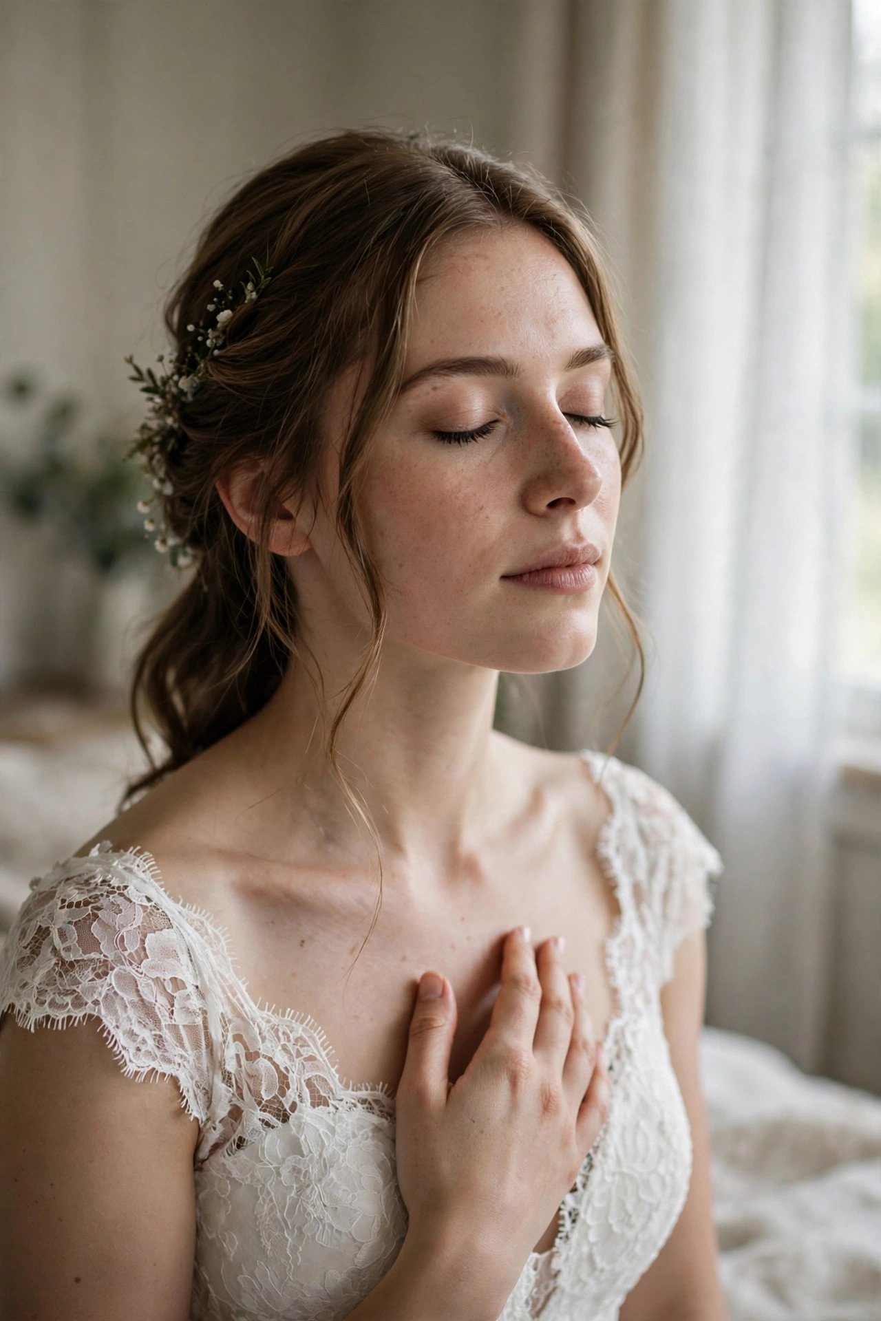 Serene bride taking a calm breath on the wedding morning
