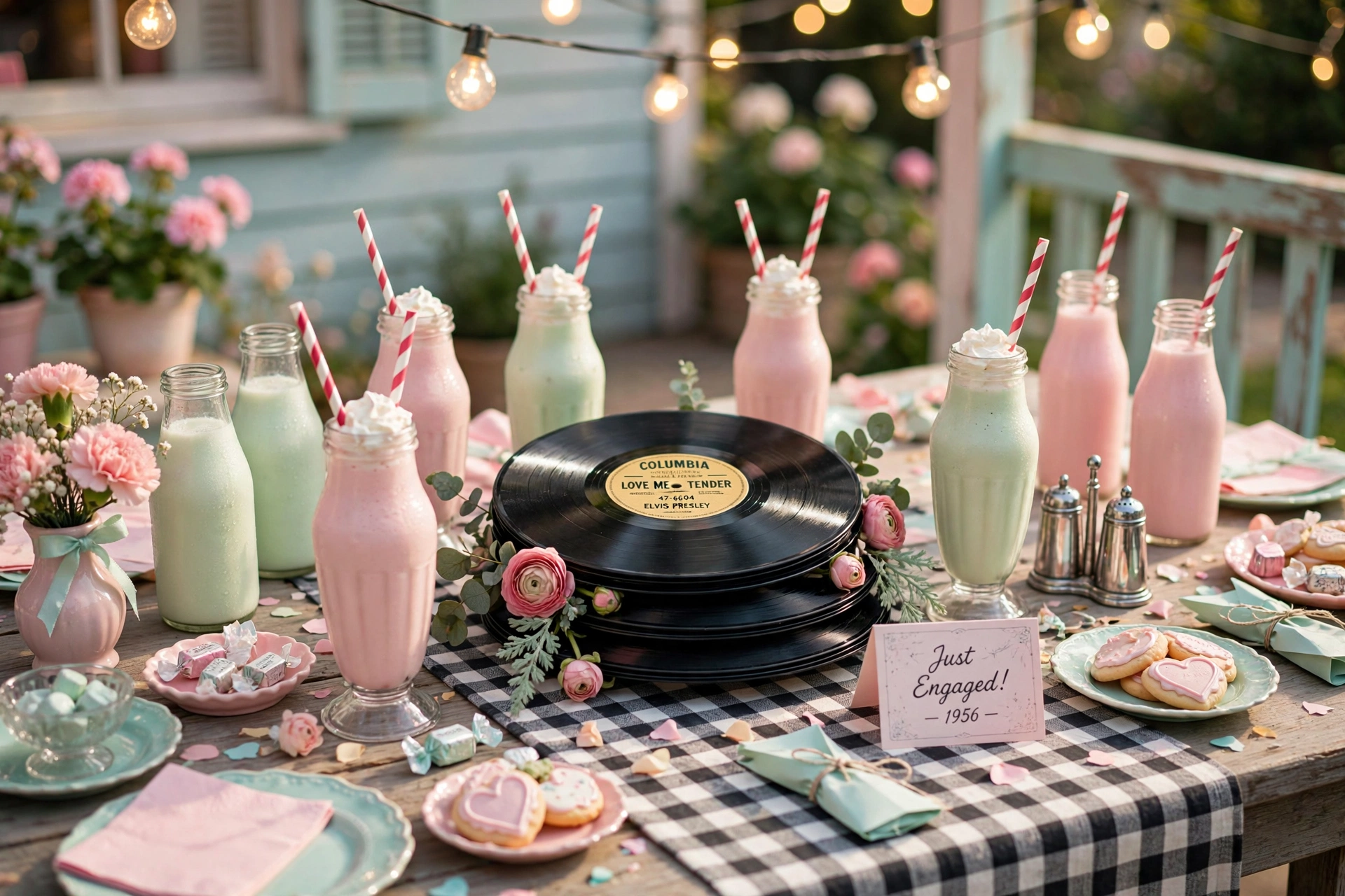 Vintage retro themed engagement party table with vinyl records and pastel diner details