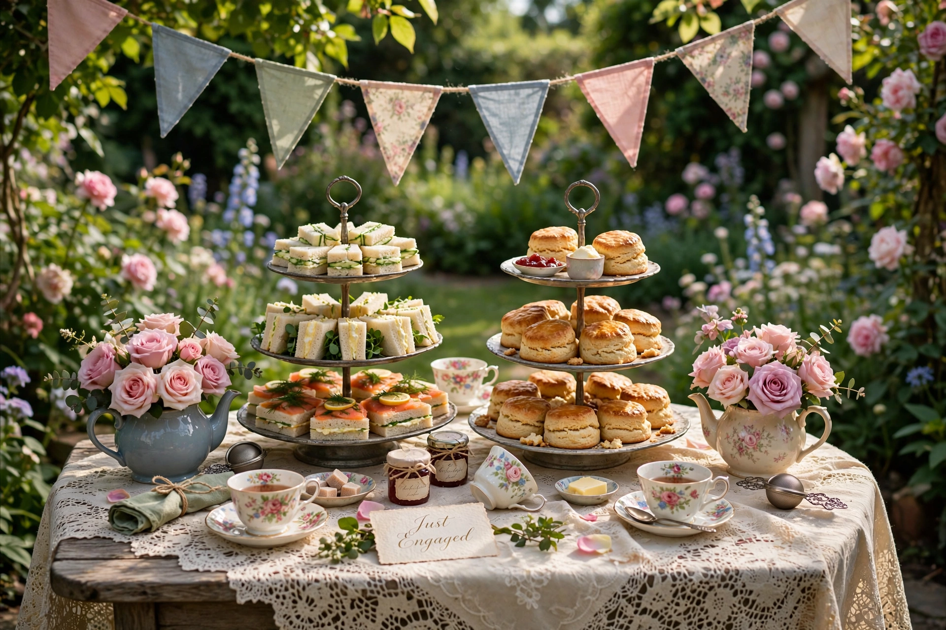 Garden tea party themed engagement celebration with vintage teacups and tiered cake stands