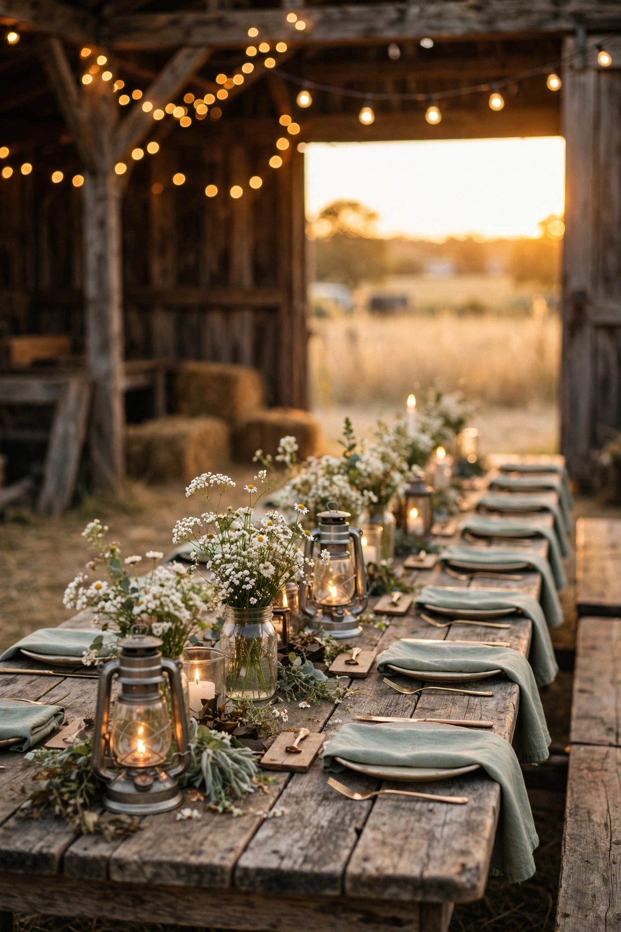 Rustic barn rehearsal dinner with a wooden farm table, mason jars, wildflowers and string lights at golden hour