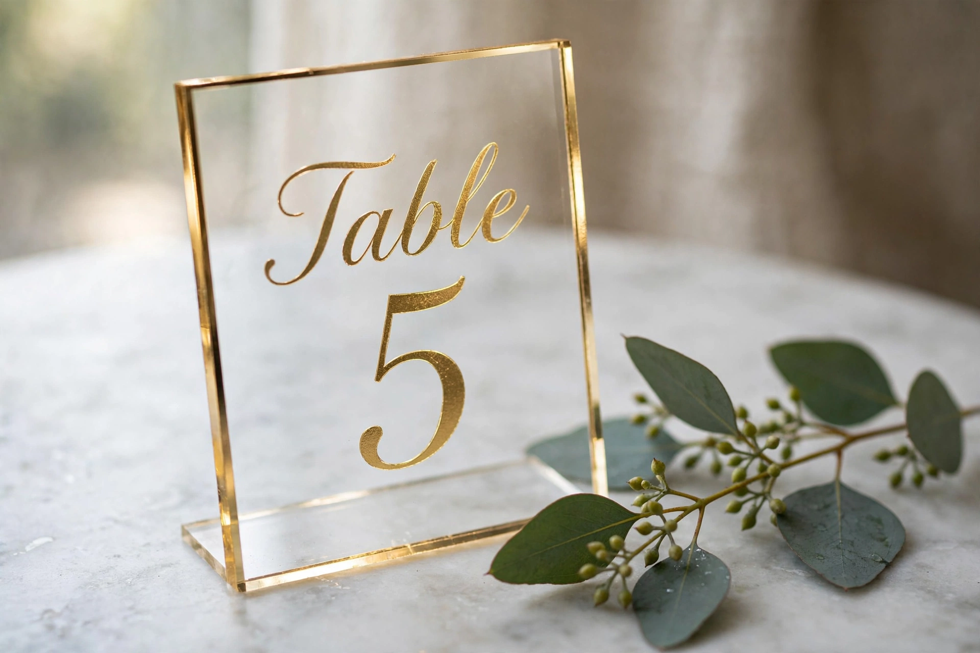 Modern clear acrylic wedding table number with gold frame on reception table