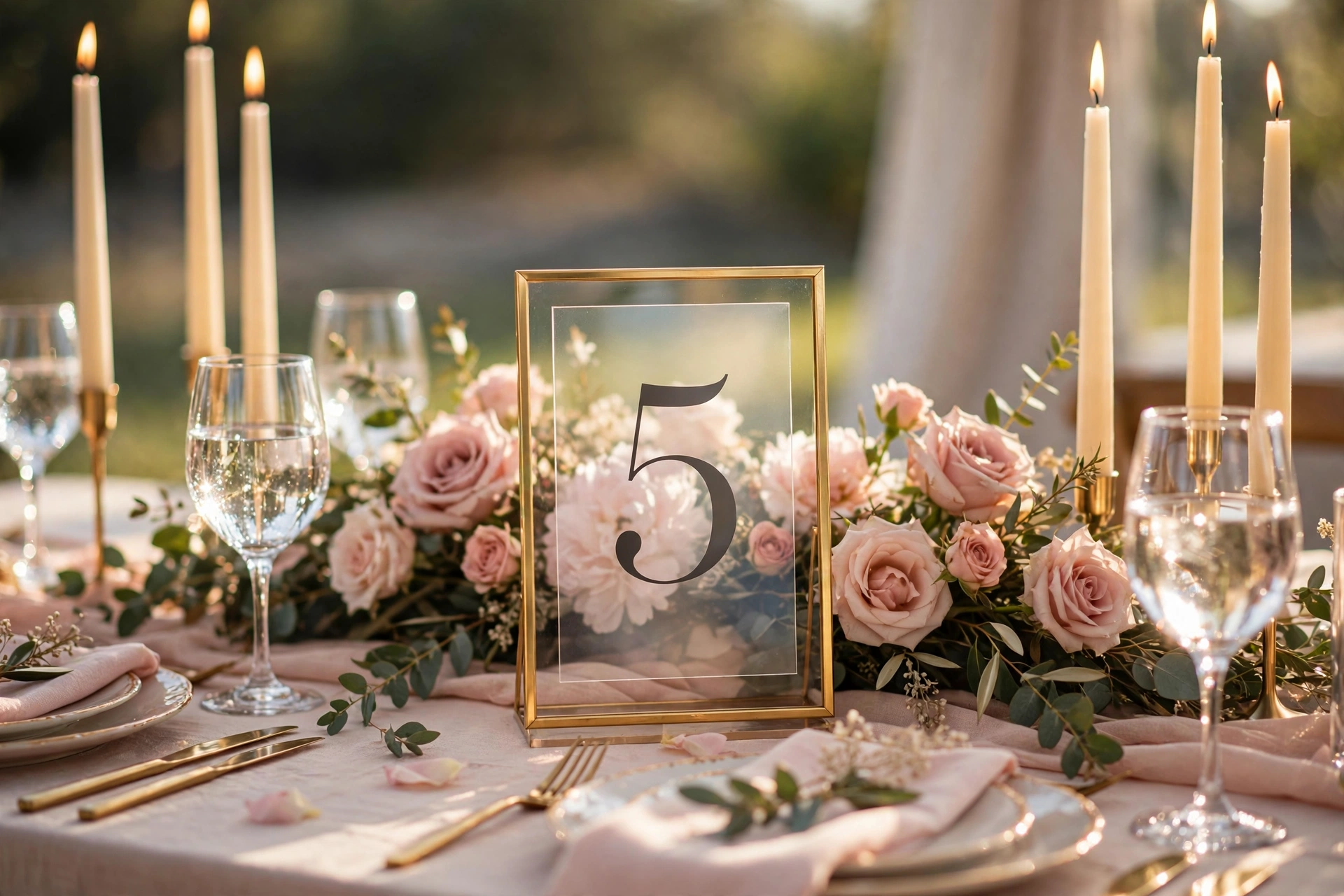 Elegant wedding reception table with gold-framed table number, candles and blush roses