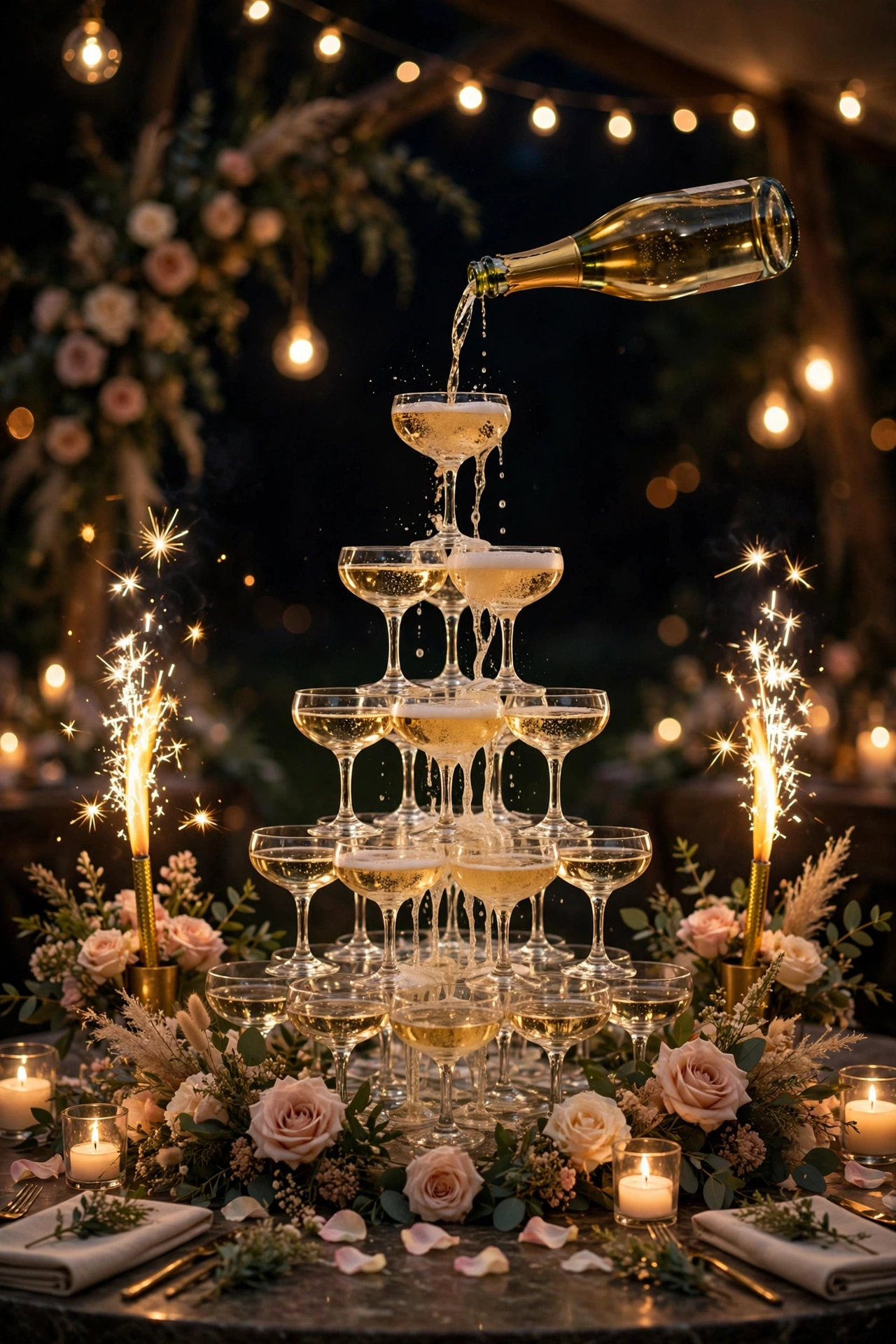 Champagne tower with golden sparklers sparkling as champagne is poured