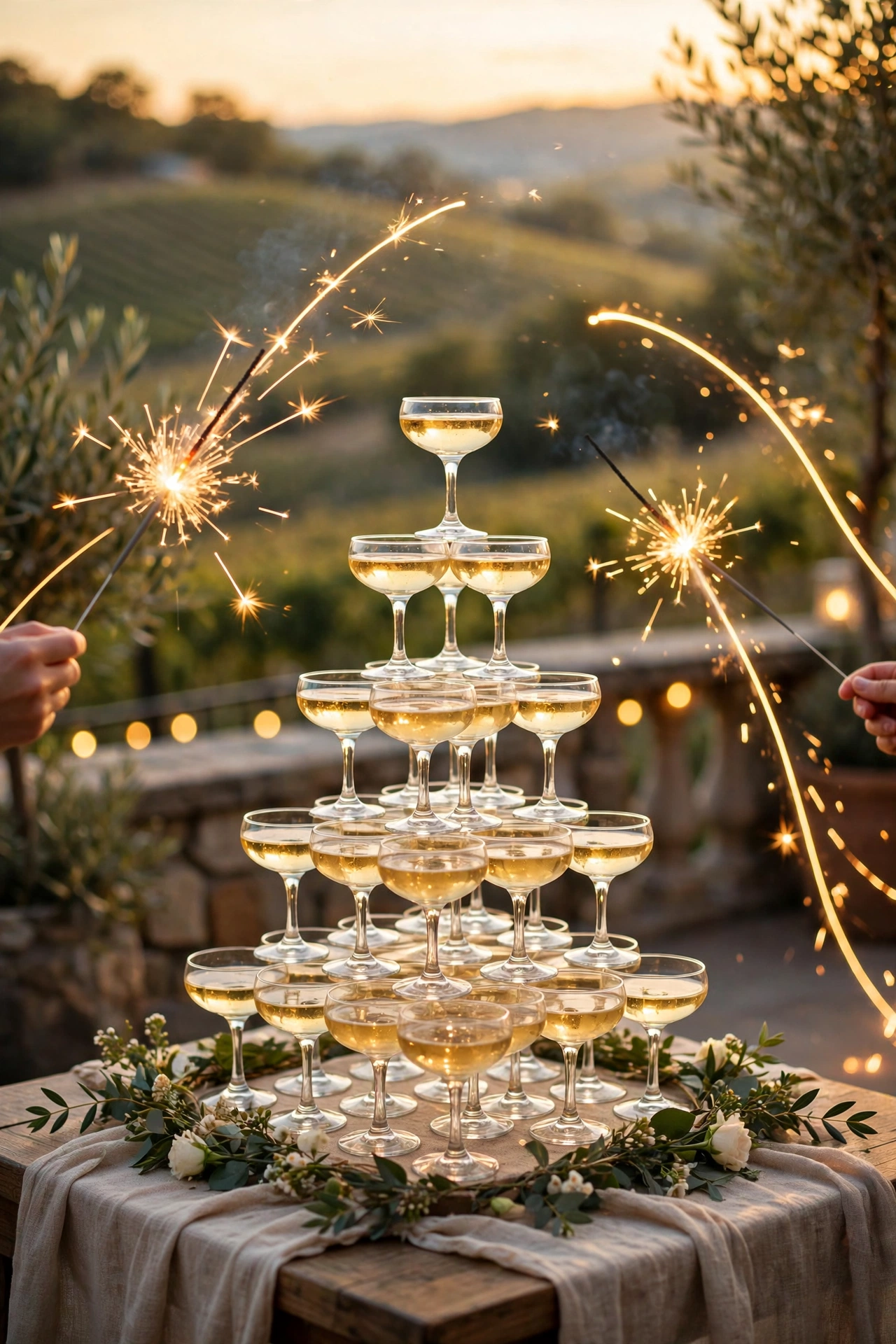 Wedding champagne tower of coupe glasses glowing at golden-hour sunset with sparklers beside it