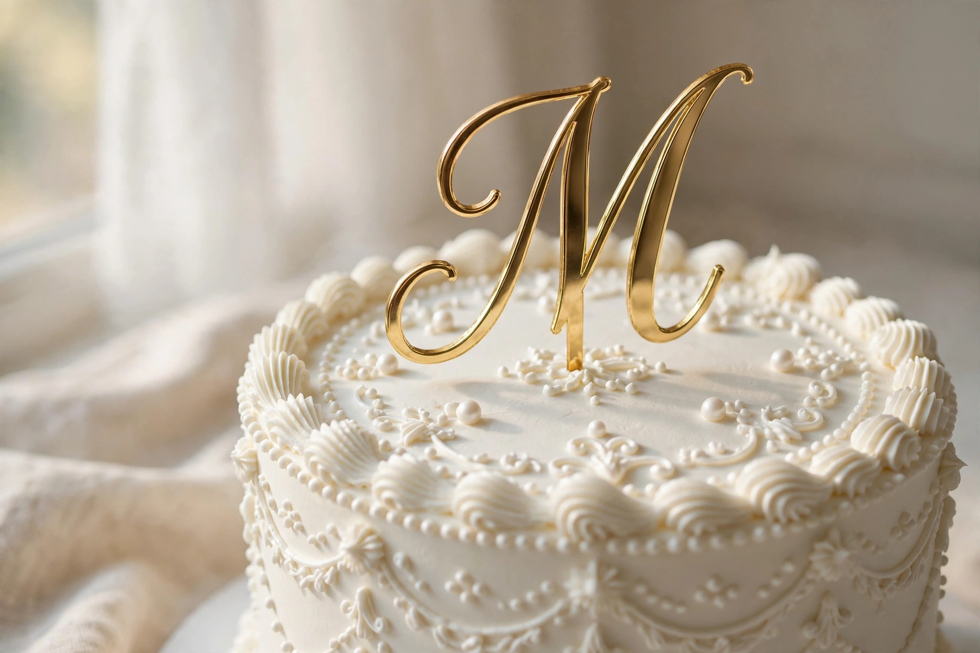 Gold metallic monogram letter cake topper on a white buttercream wedding cake