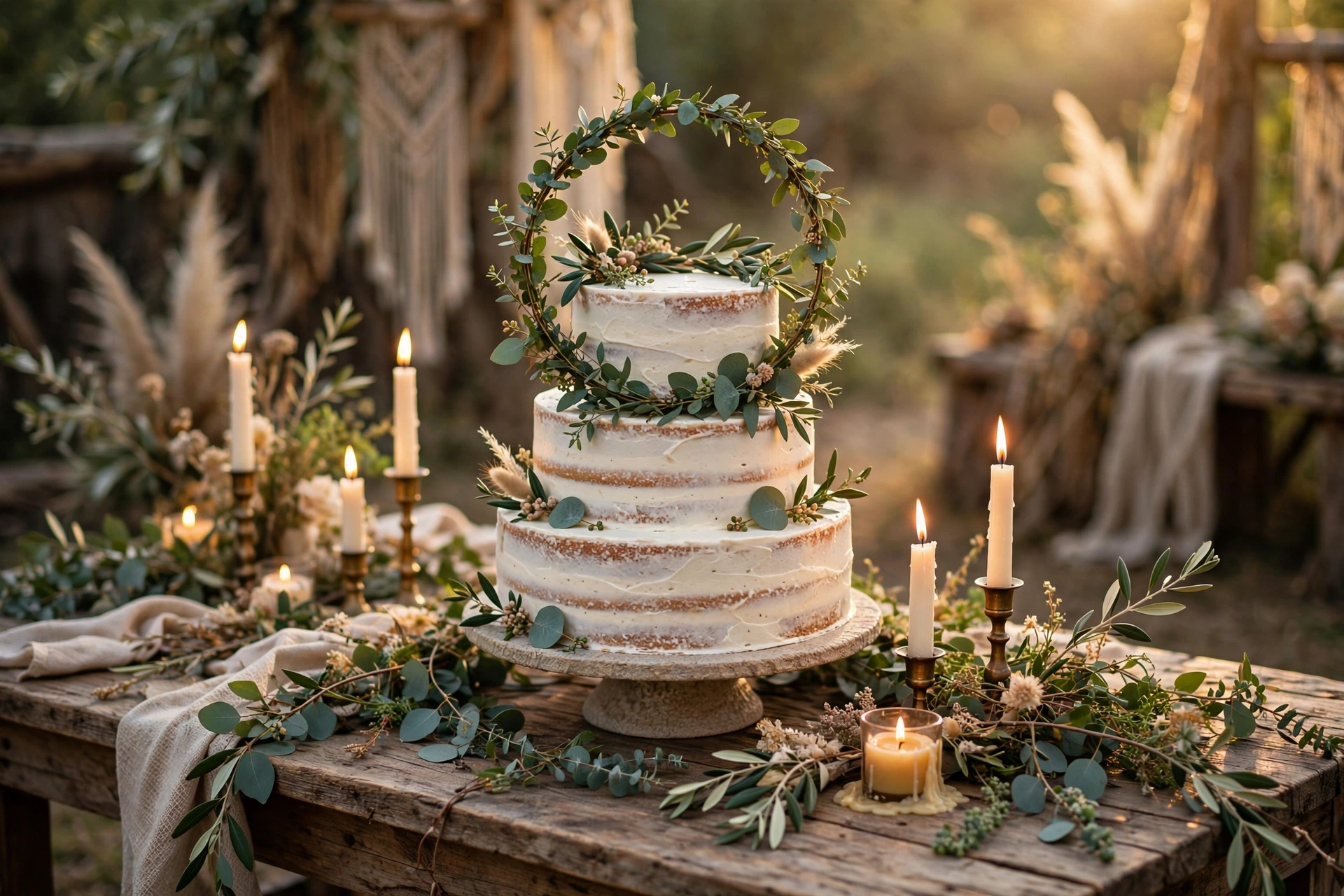 Rustic wedding cake with eucalyptus greenery hoop topper on a wooden farm table