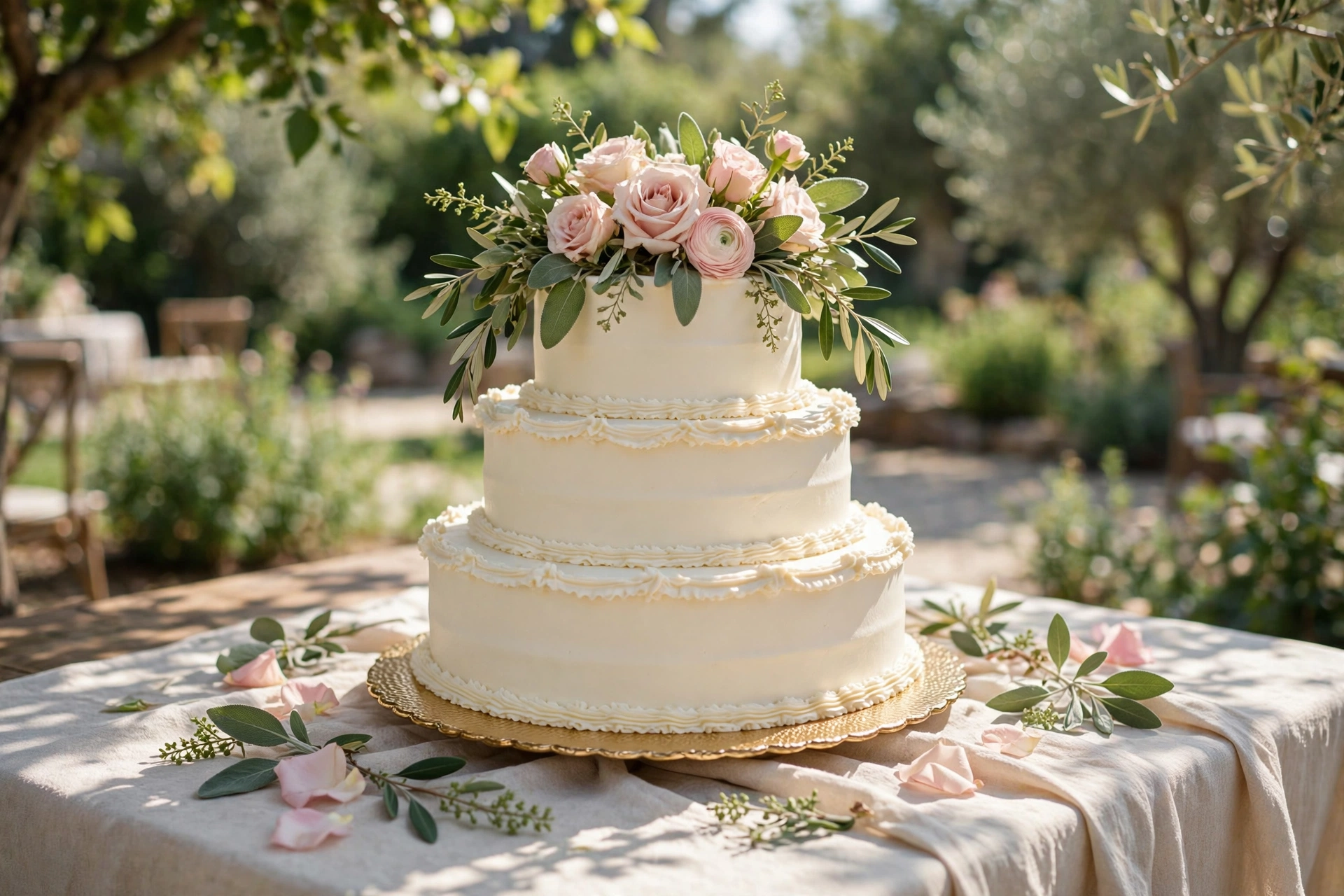 Three-tier ivory wedding cake with fresh blush rose and sage greenery floral topper on a sunlit garden cake table