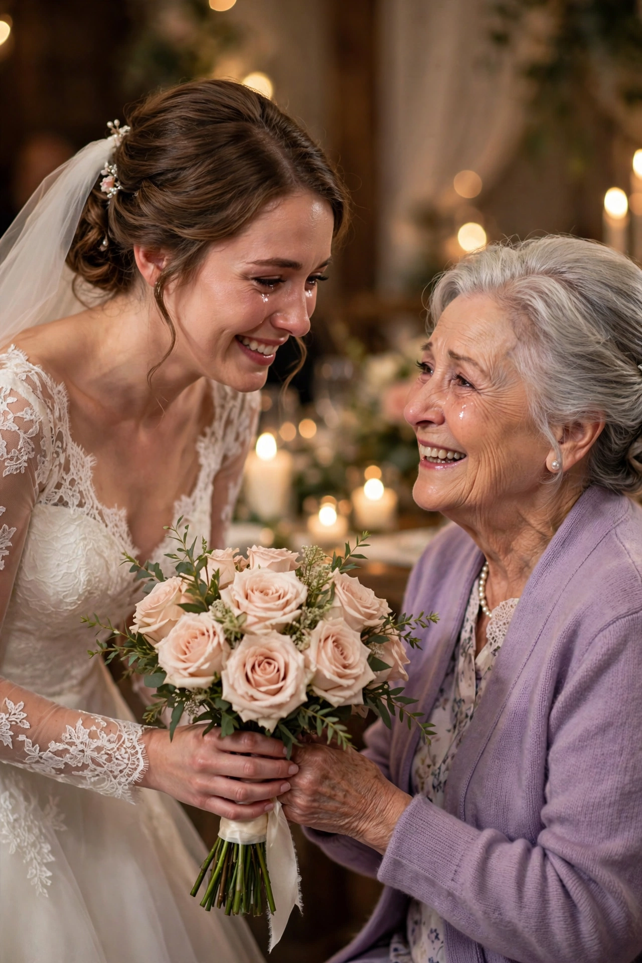 Bride presenting her wedding bouquet to her emotional grandmother at the reception
