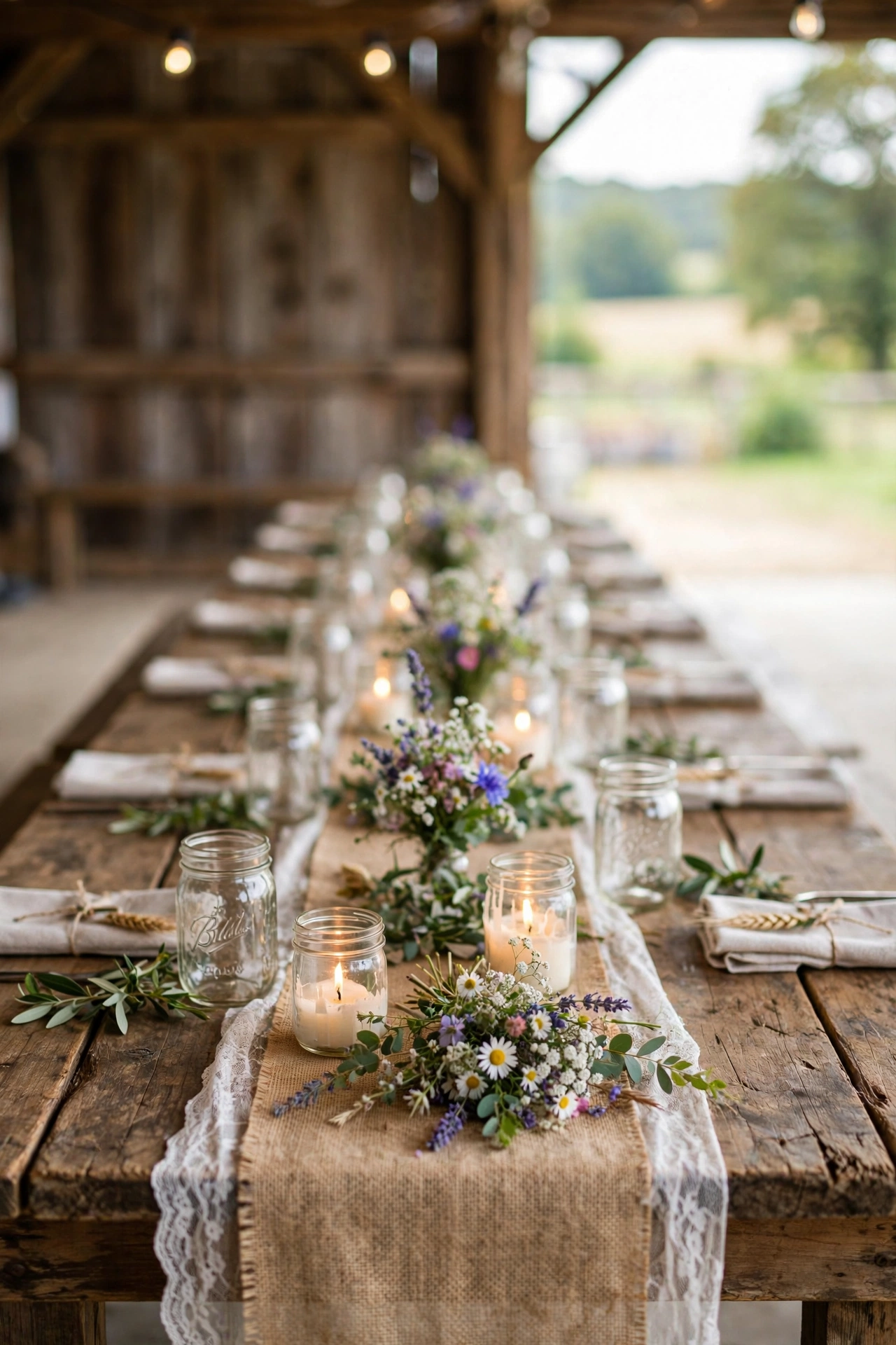 Rustic burlap and lace table runner with wildflowers and candles