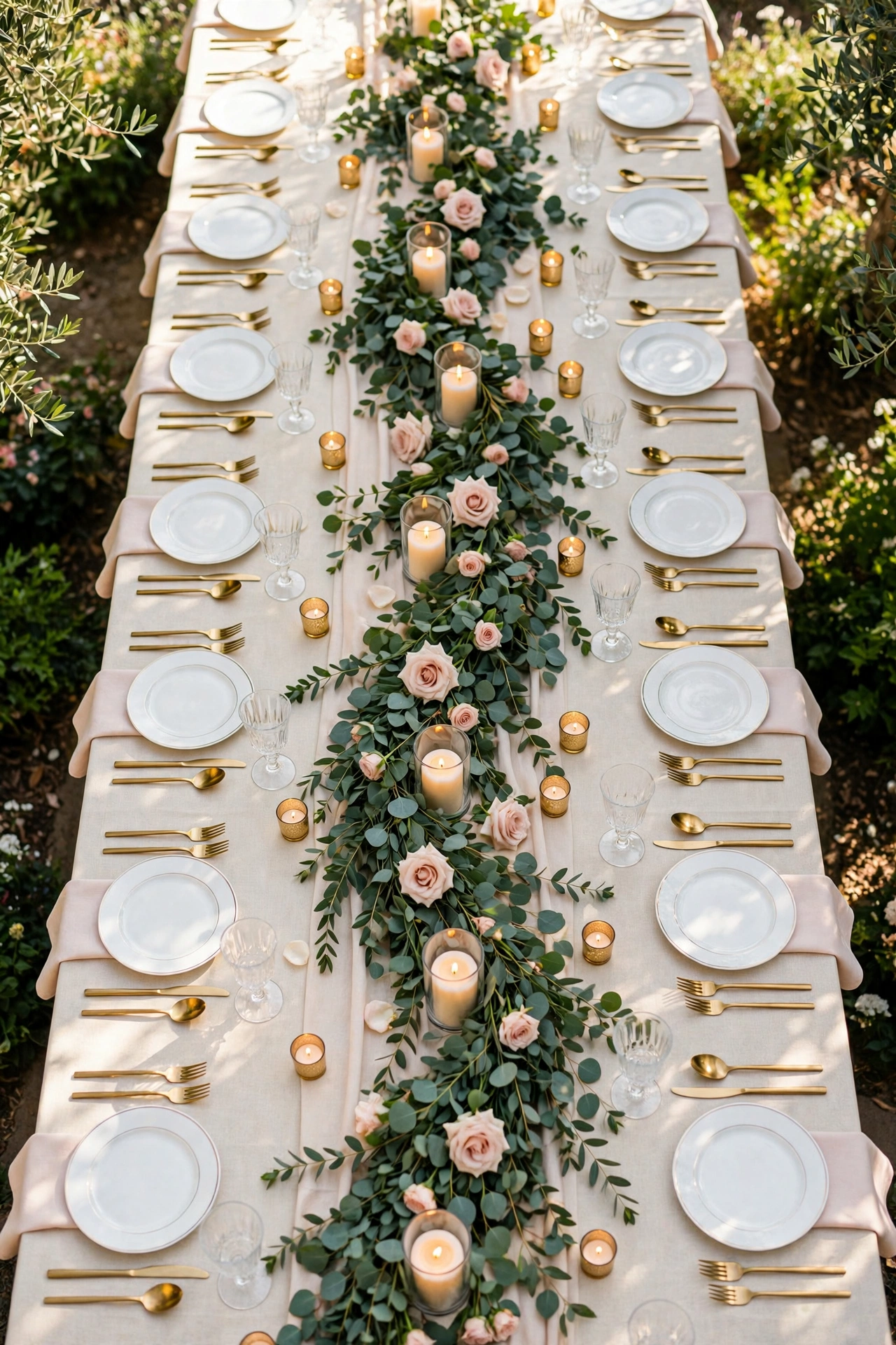 Wedding reception table with lush eucalyptus table runner and candles