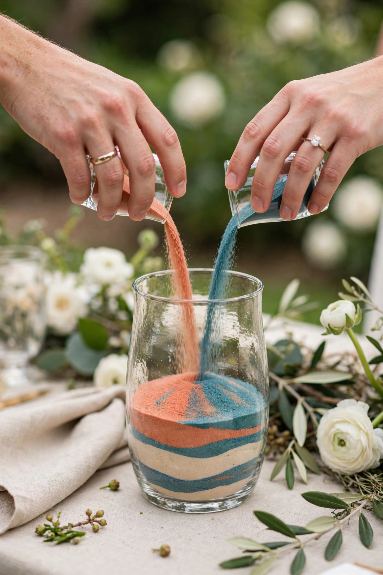Wedding sand ceremony with colored sand being poured into a keepsake vase