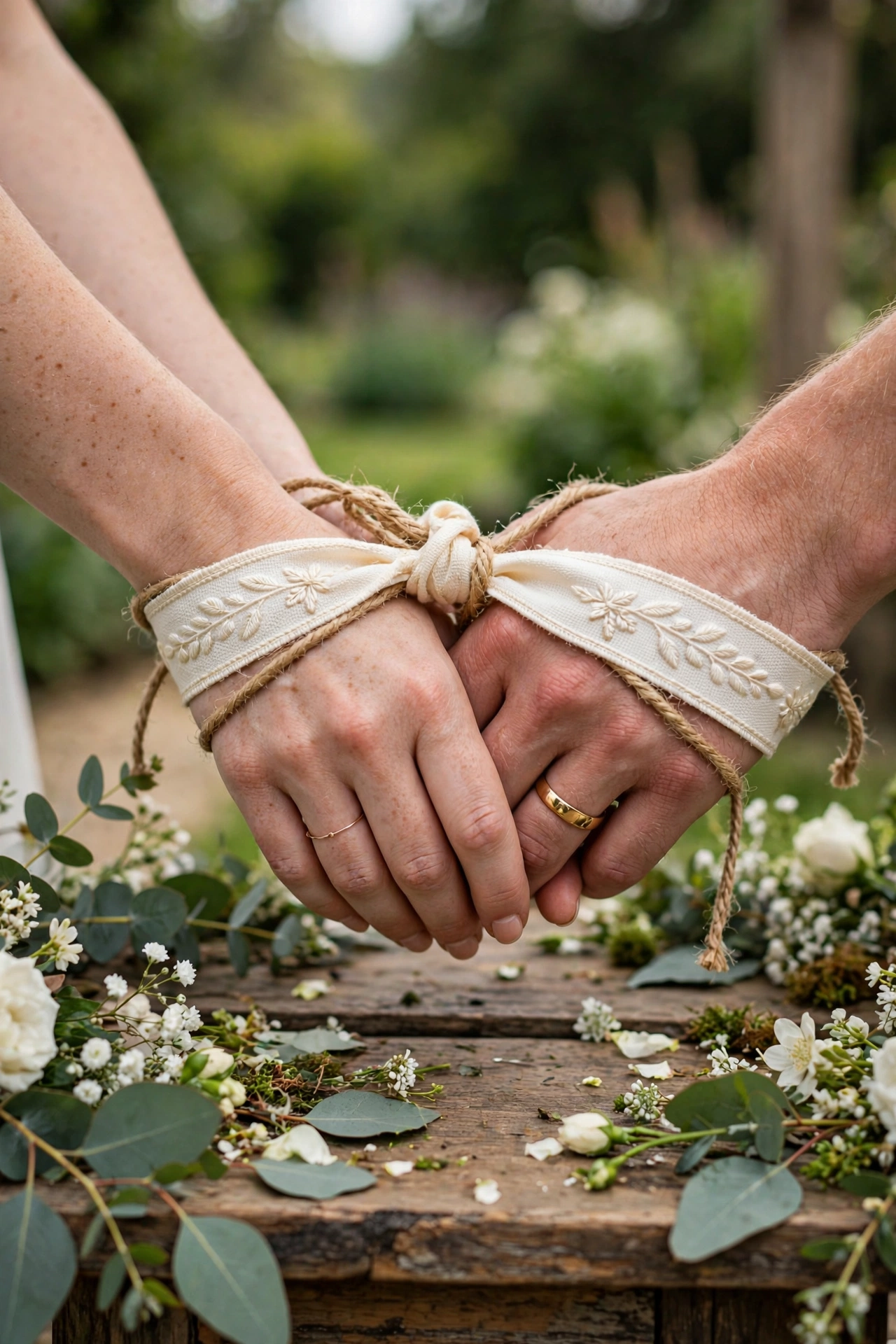 Handfasting ceremony with couple hands bound by embroidered ribbon