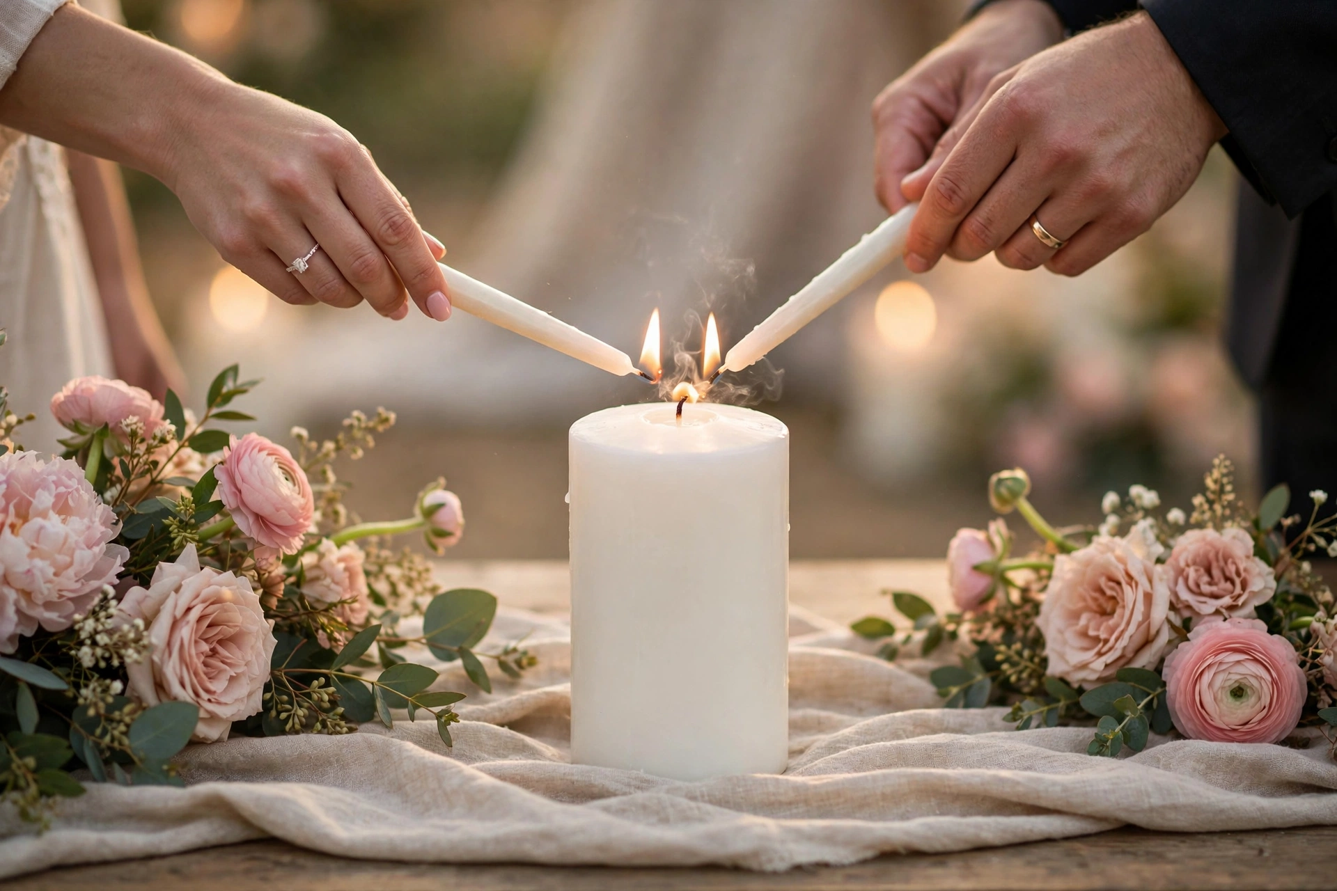 Wedding unity candle ceremony with couple lighting central pillar candle together