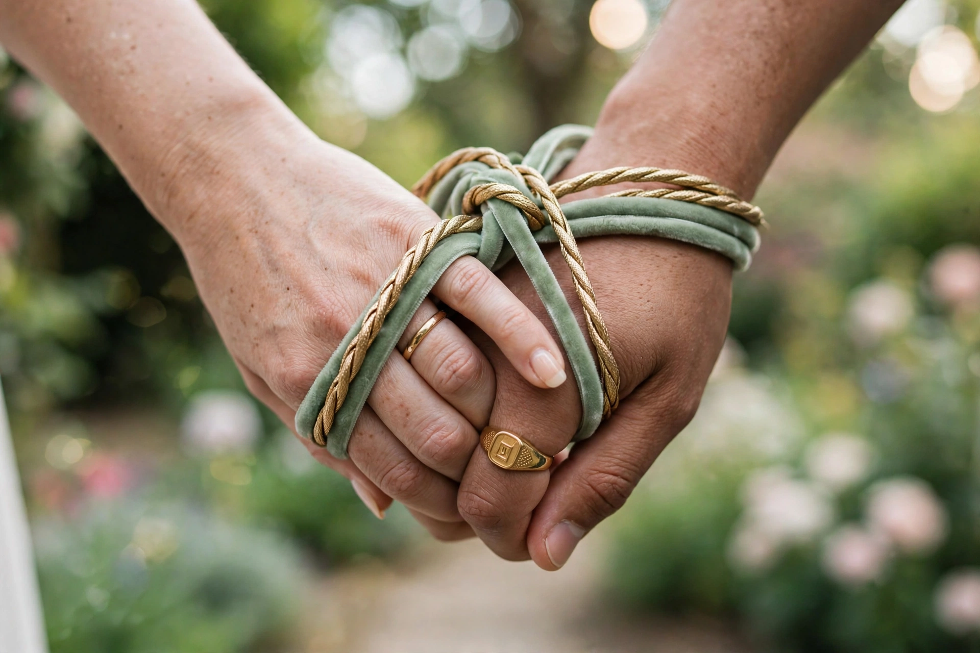 Close-up of handfasting ceremony with cords wrapped around couple hands at wedding