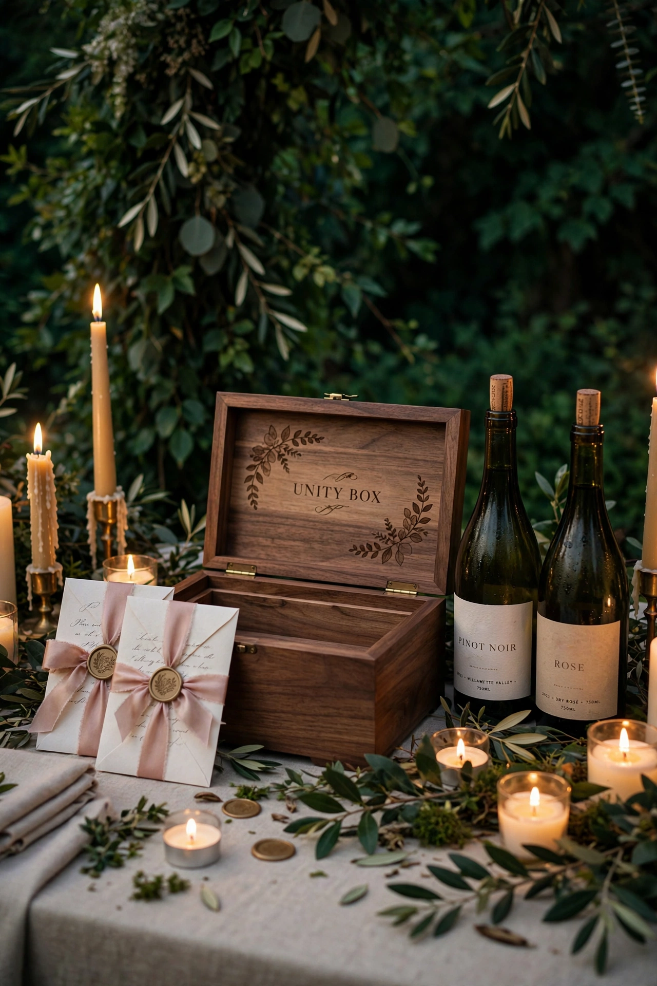 Wooden unity box with wine bottles and sealed love letters on a candlelit ceremony table