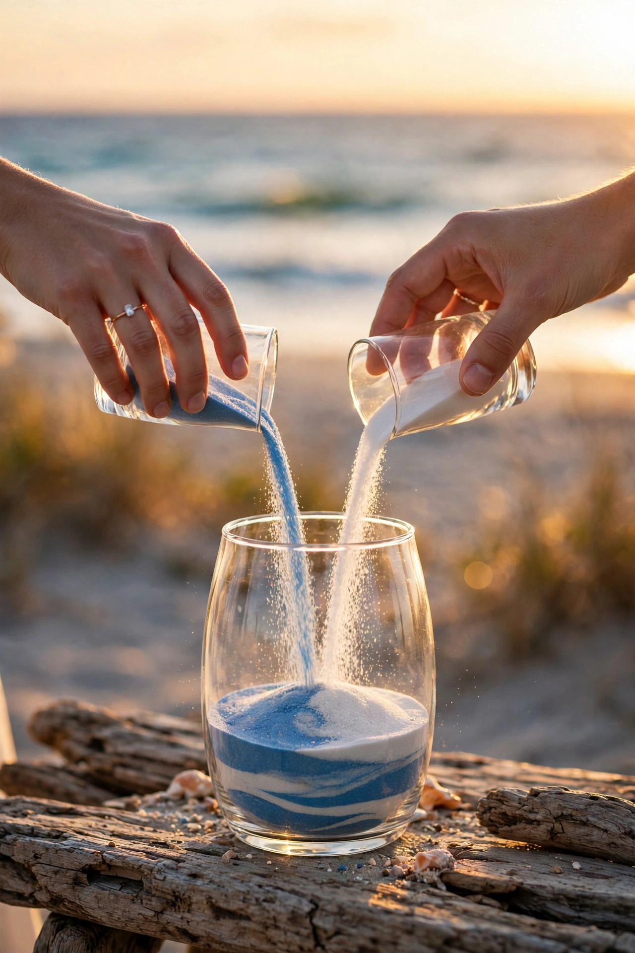 Beach wedding unity sand ceremony with couple pouring colored sand into glass vessel at golden hour