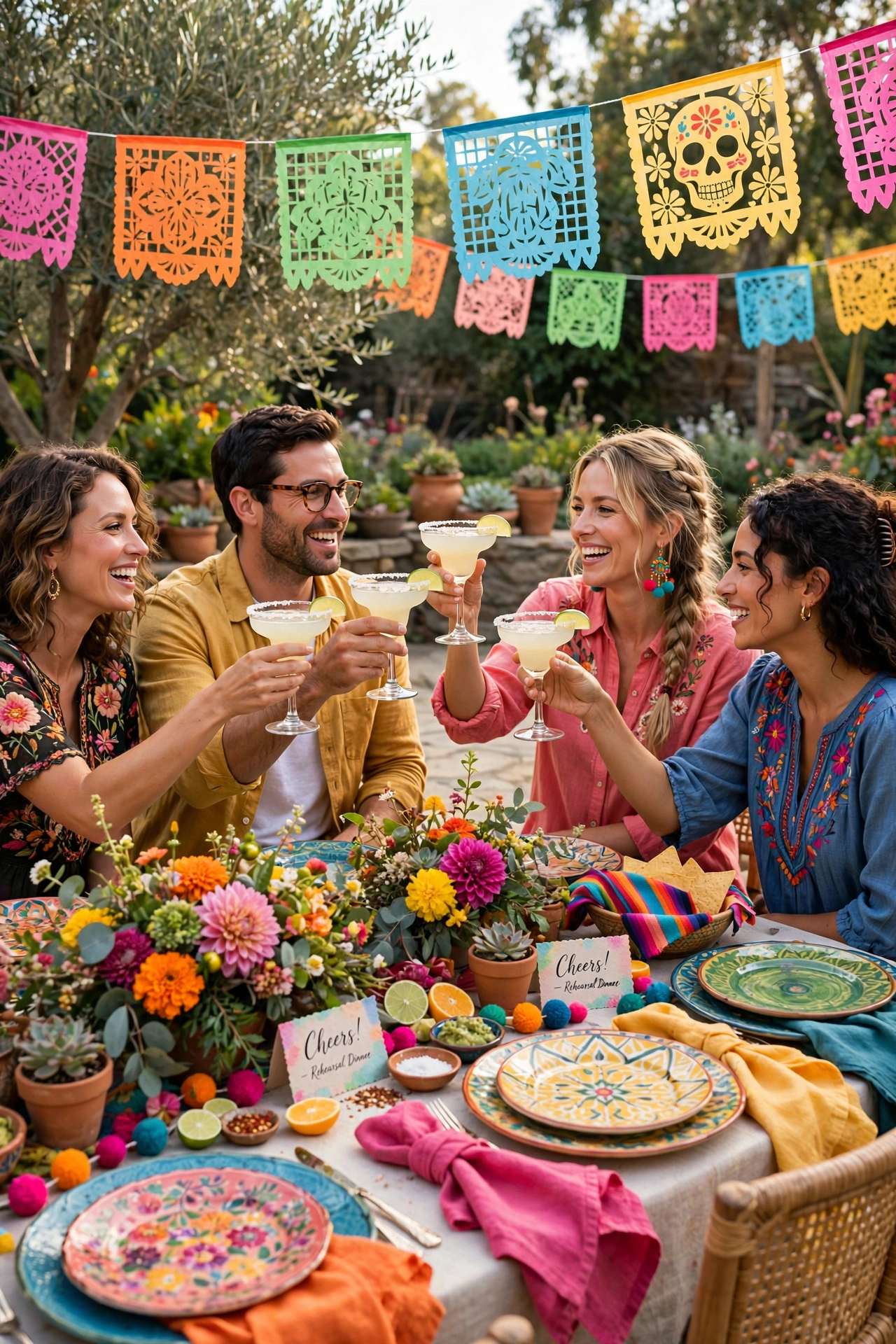 Fun themed rehearsal dinner with colorful table settings and playful details at a daytime garden party