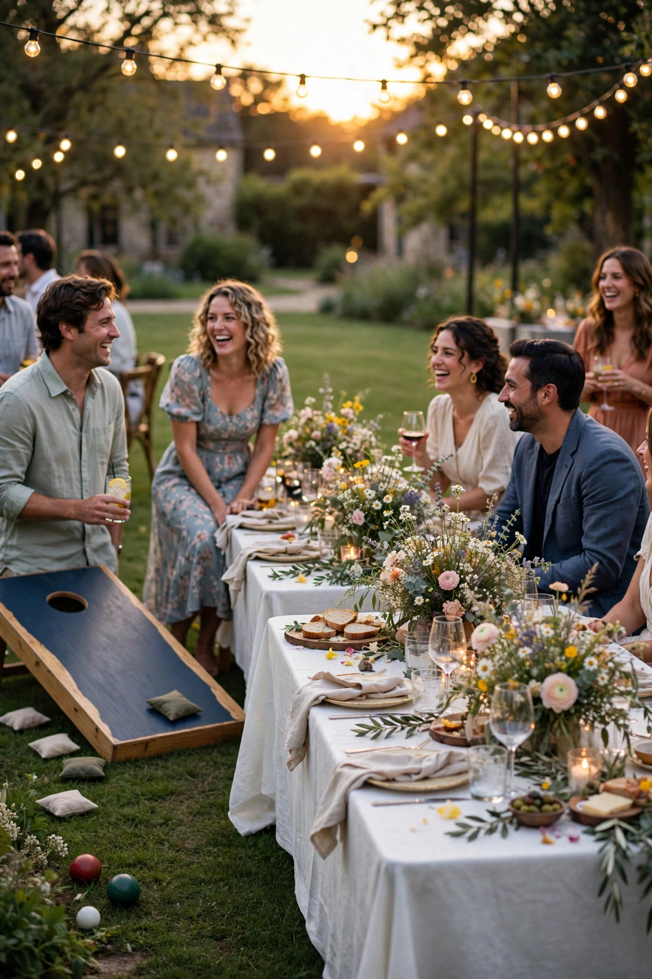 Outdoor rehearsal dinner kickoff party with lawn games like cornhole and bocce beside casual elegant tables at sunset