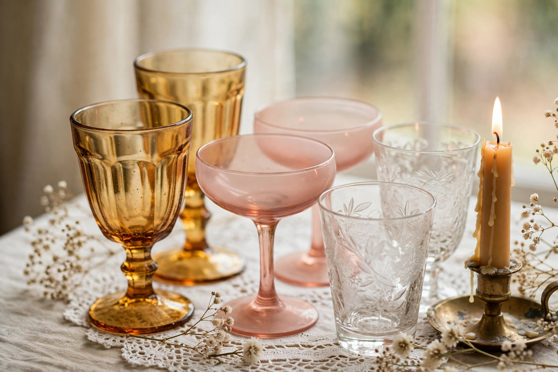 Thrifted amber goblets, blush pink coupe glasses and etched crystal tumblers on a lace doily with a lit taper candle